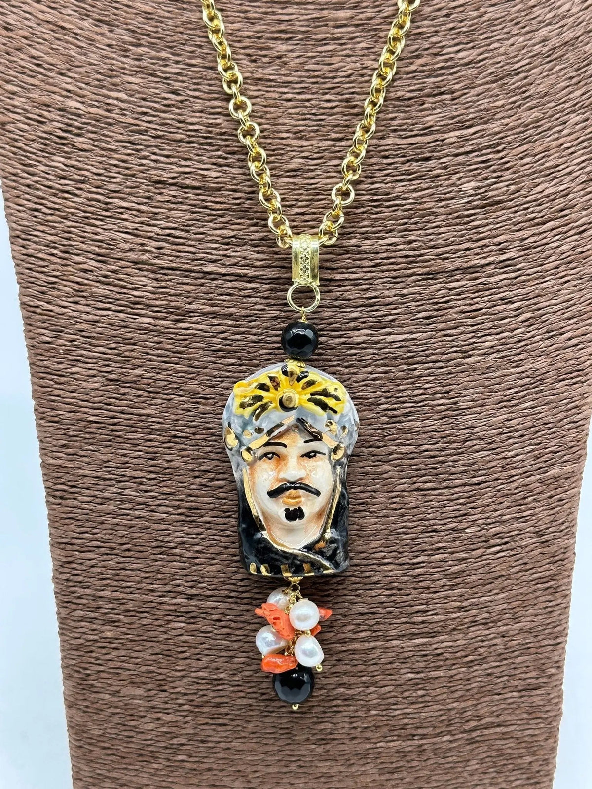 Collana Siciliana Testa di Moro Ceramica di Caltagirone Turbante Celeste Nero - COLLANA