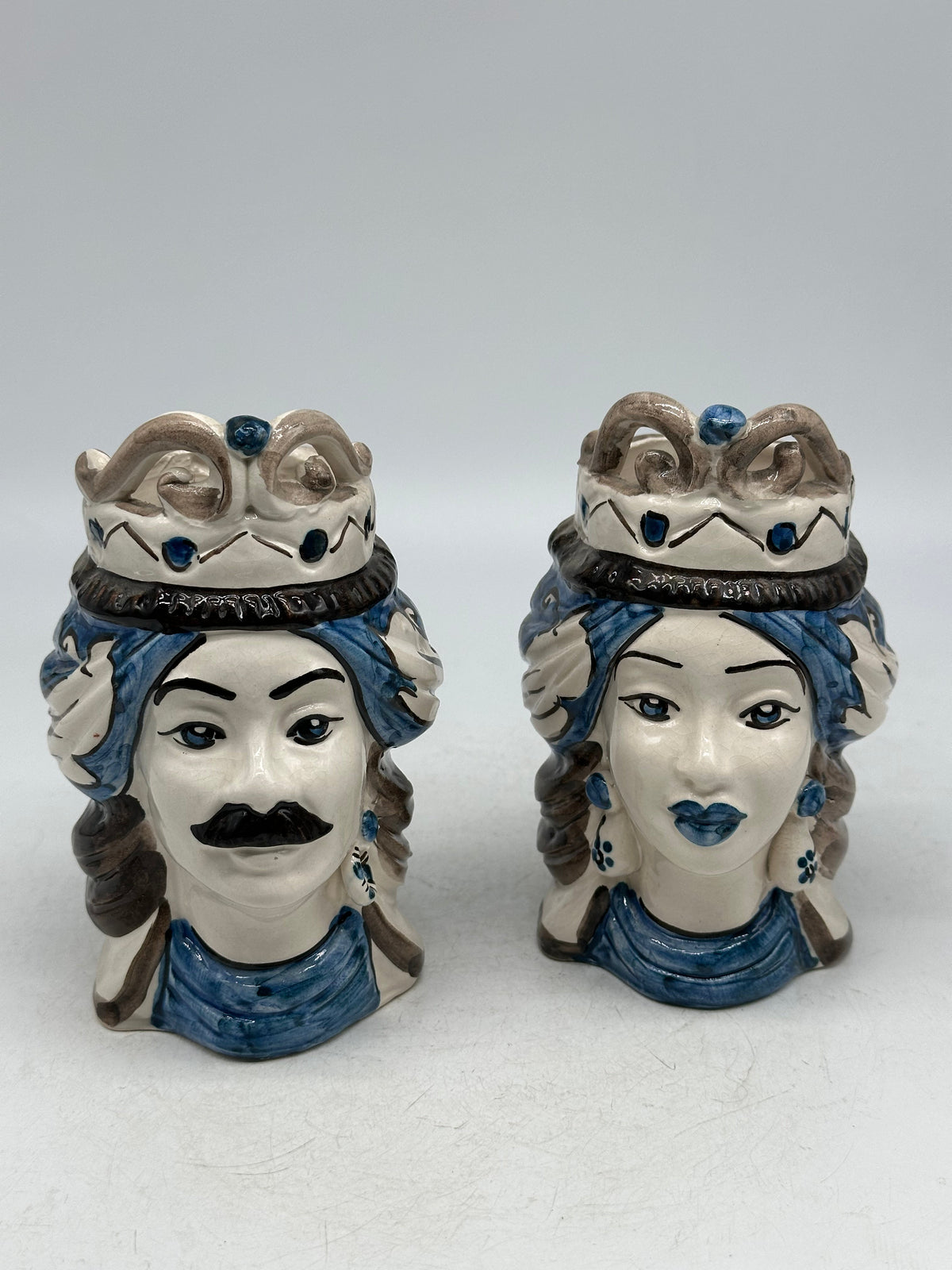 Coppia Teste di Moro Seicento Blu V.2 cm H.15 L.10 Ceramica Caltagirone Artigianale - TESTE DI MORO