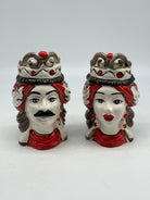Coppia Teste di Moro Seicento Rosso V.2 cm H.15 L.10 Ceramica Caltagirone Artigianale - TESTE DI MORO