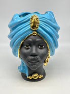 FINE SERIE - Coppia Teste di Moro Atena Ceramica Caltagirone cm H.30 L.23 Artigianale Opaco Celeste Oro - TESTE DI MORO