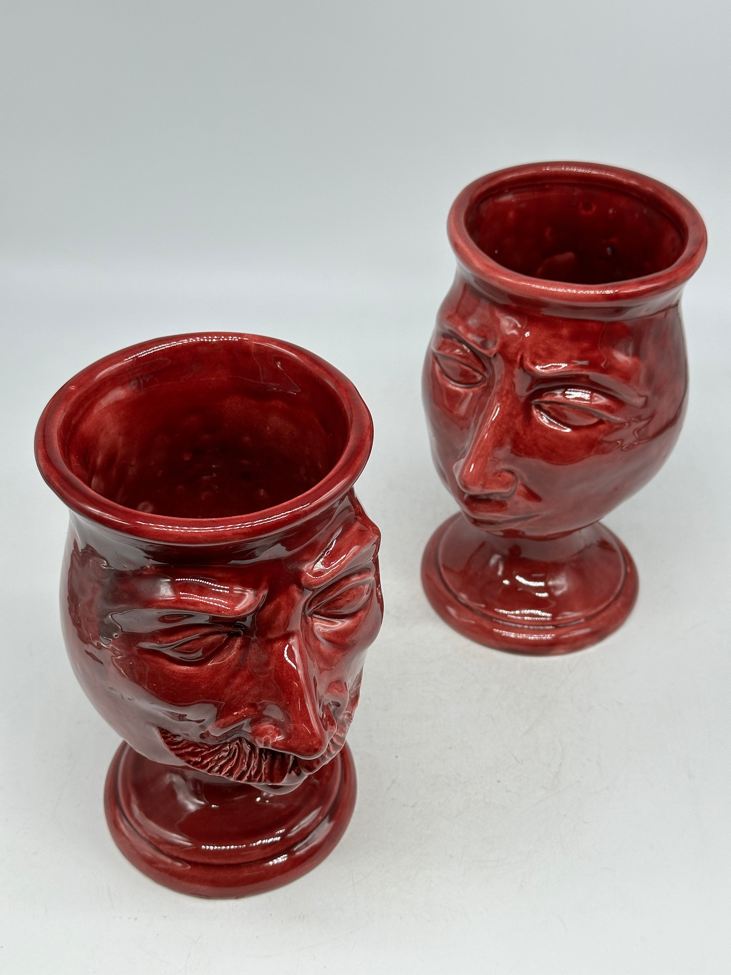 FINE SERIE - Coppia Teste di Moro Simpatiche Ceramica Caltagirone cm H.20 L.12 Artigianale Bordeaux - TESTE DI MORO