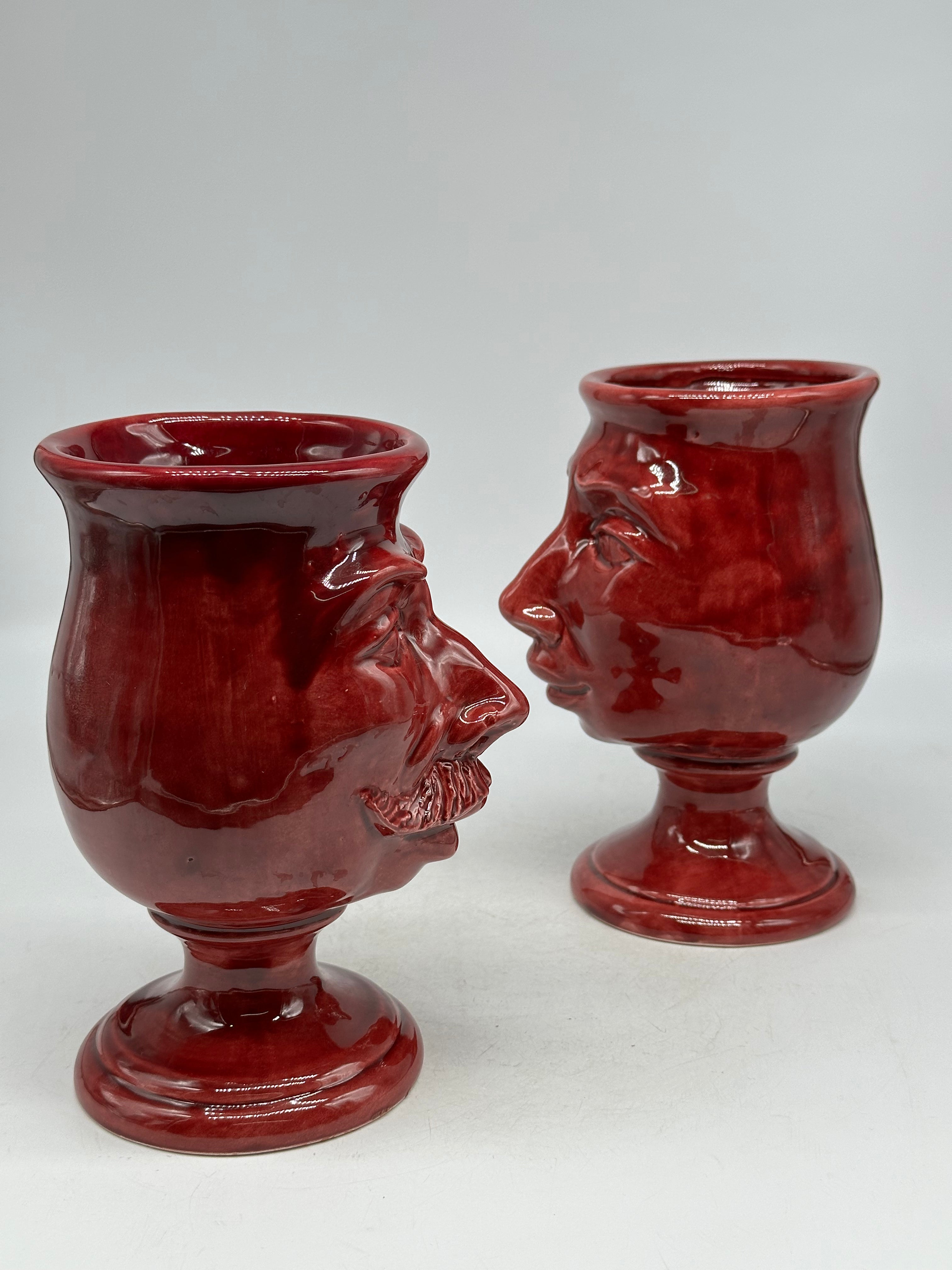 FINE SERIE - Coppia Teste di Moro Simpatiche Ceramica Caltagirone cm H.20 L.12 Artigianale Bordeaux - TESTE DI MORO