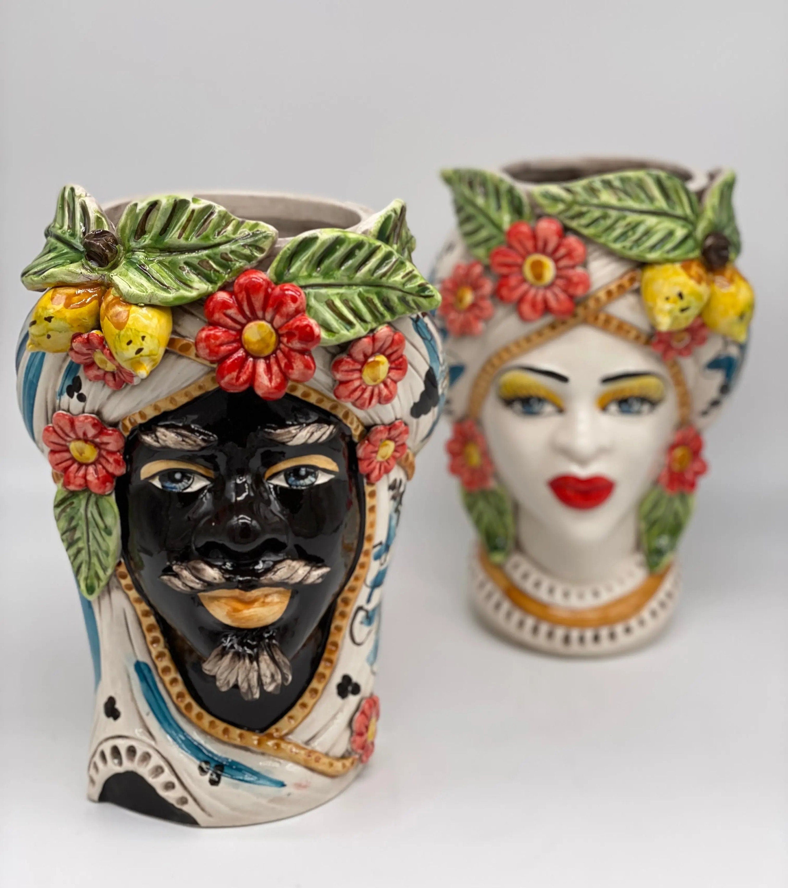Teste di Moro Moresca Ceramica Caltagirone cm H.28 L.19 Artigianale Turbante Barocco Fiori Limoni DD CERAMICHE SICILIANE
