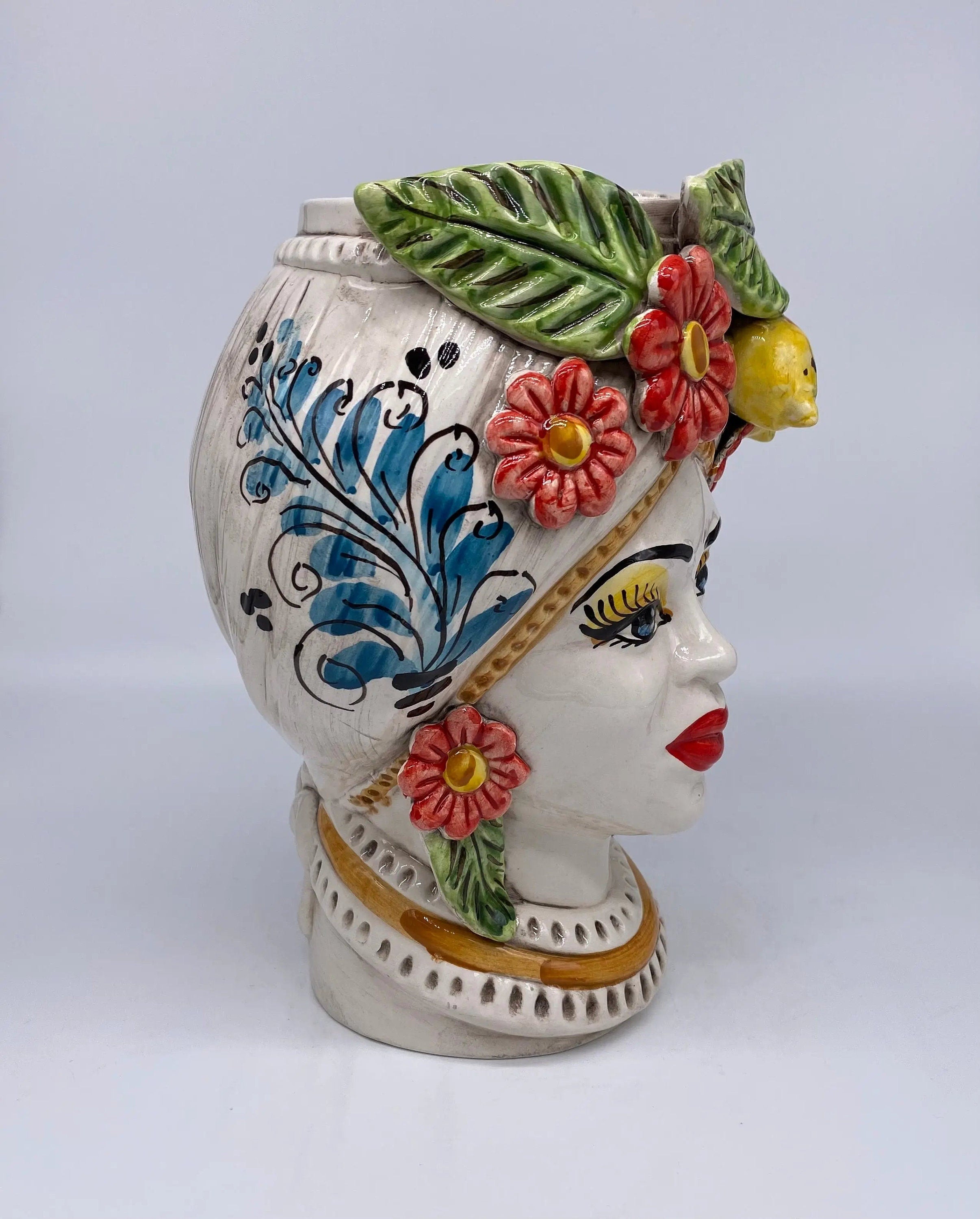 Teste di Moro Moresca Ceramica Caltagirone cm H.28 L.19 Artigianale Turbante Barocco Fiori Limoni DD CERAMICHE SICILIANE