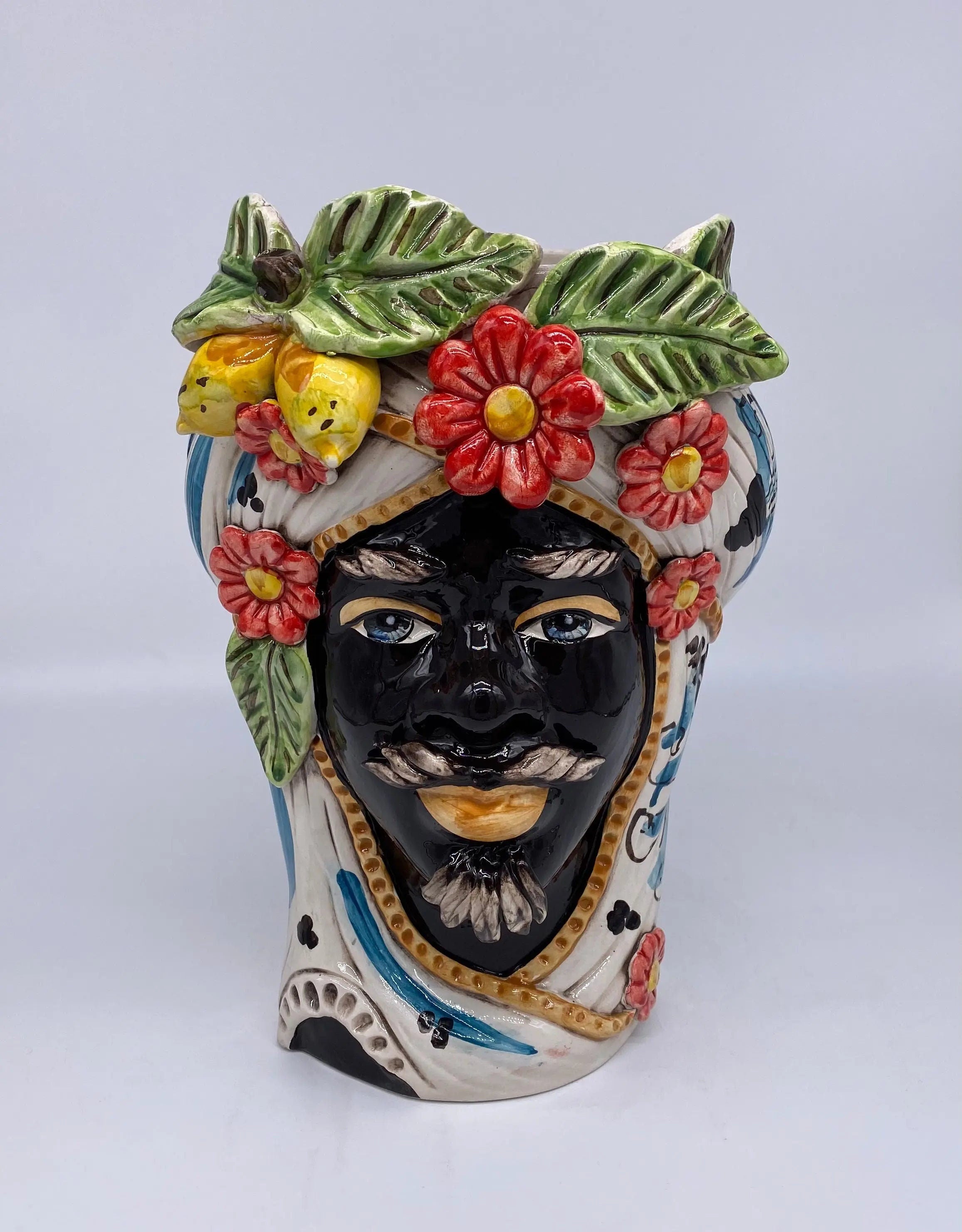 Teste di Moro Moresca Ceramica Caltagirone cm H.28 L.19 Artigianale Turbante Barocco Fiori Limoni DD CERAMICHE SICILIANE