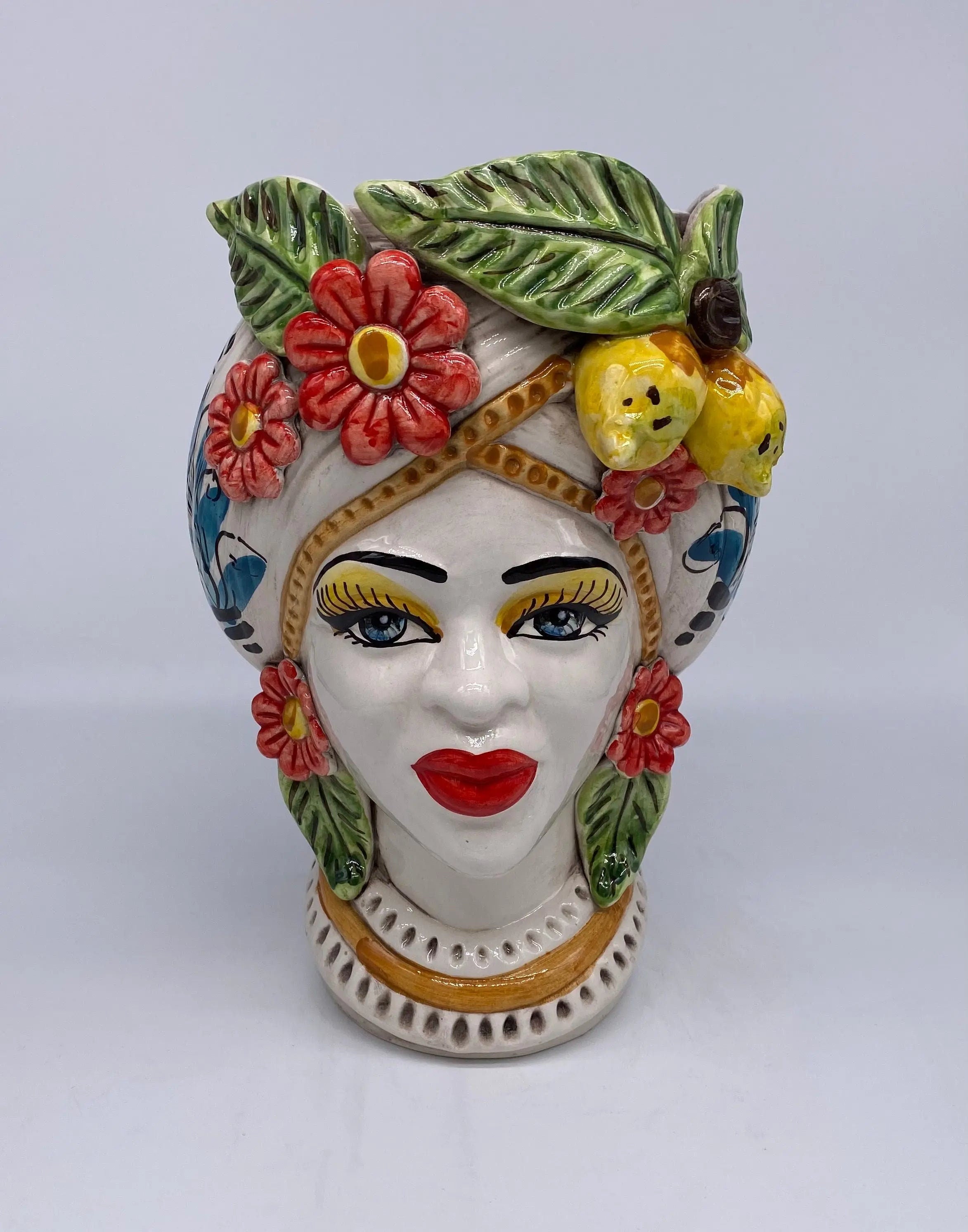 Teste di Moro Moresca Ceramica Caltagirone cm H.28 L.19 Artigianale Turbante Barocco Fiori Limoni DD CERAMICHE SICILIANE