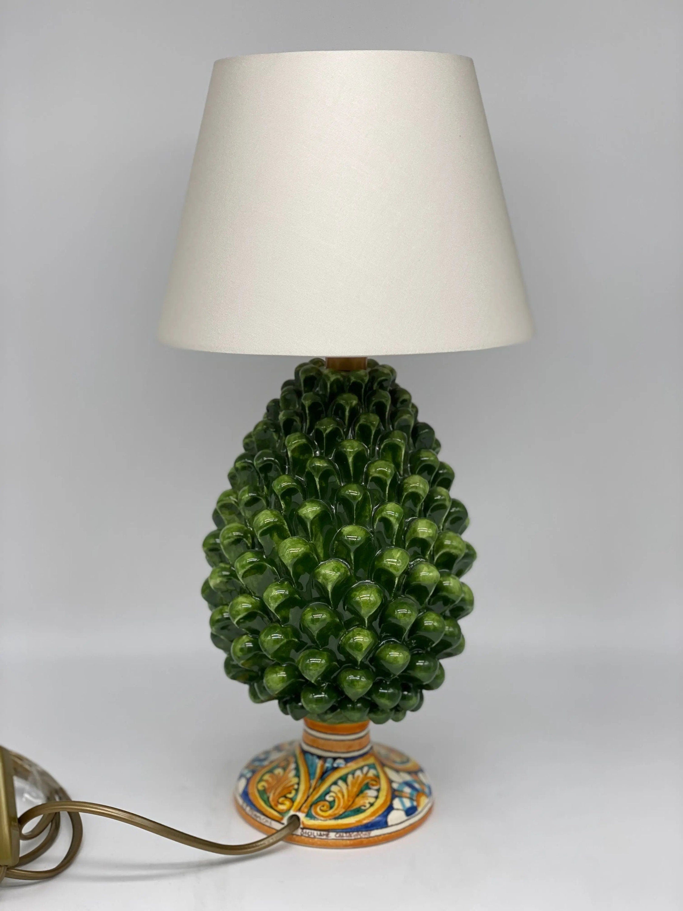 Lampada Pigna Ceramica Caltagirone cm H.25 Artigianale Verde Prato Base Decorata DD CERAMICHE SICILIANE