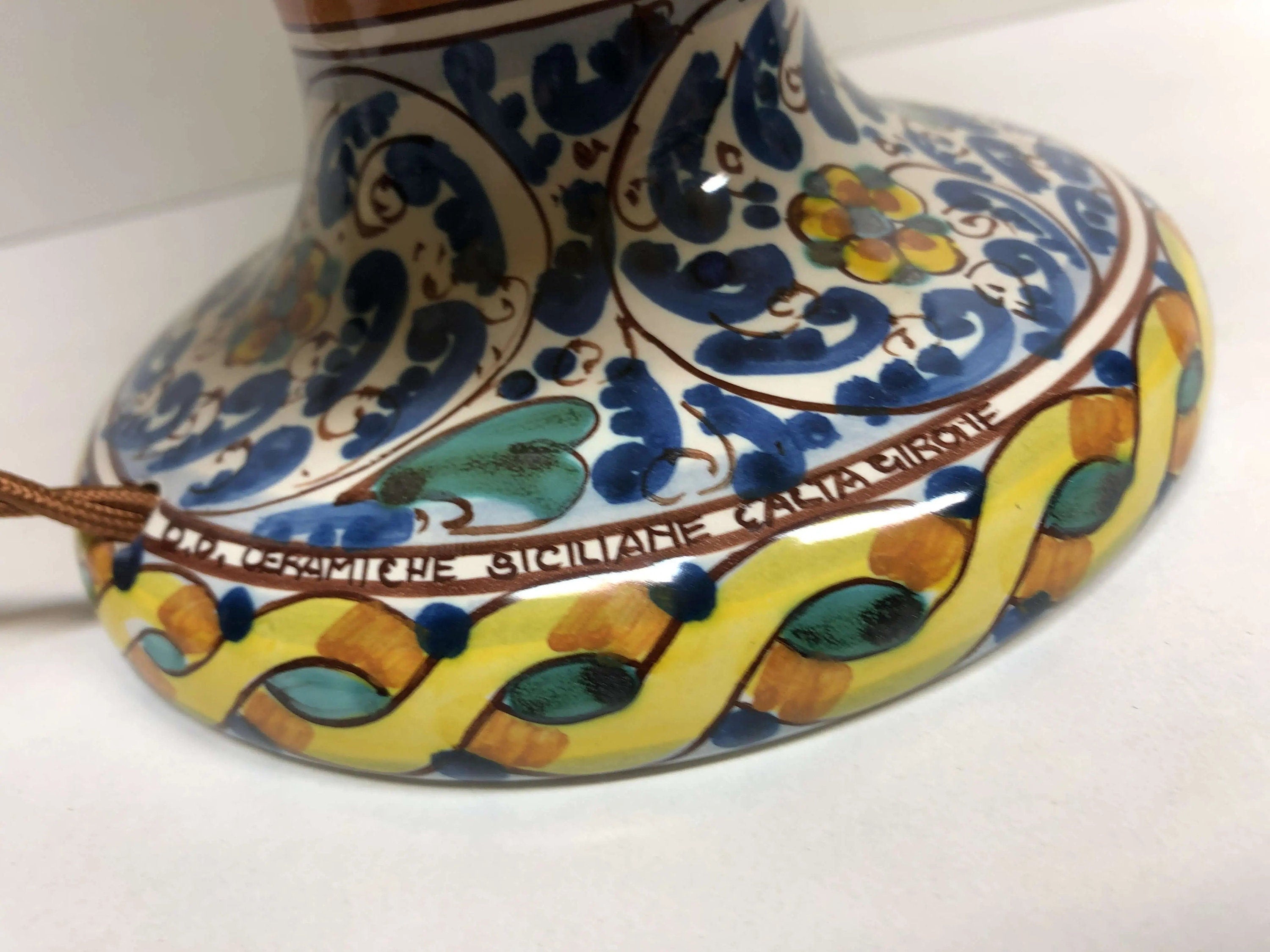 Lampada Pigna Ceramica Caltagirone cm H.30 Artigianale Giallo Base Decorata DD CERAMICHE SICILIANE