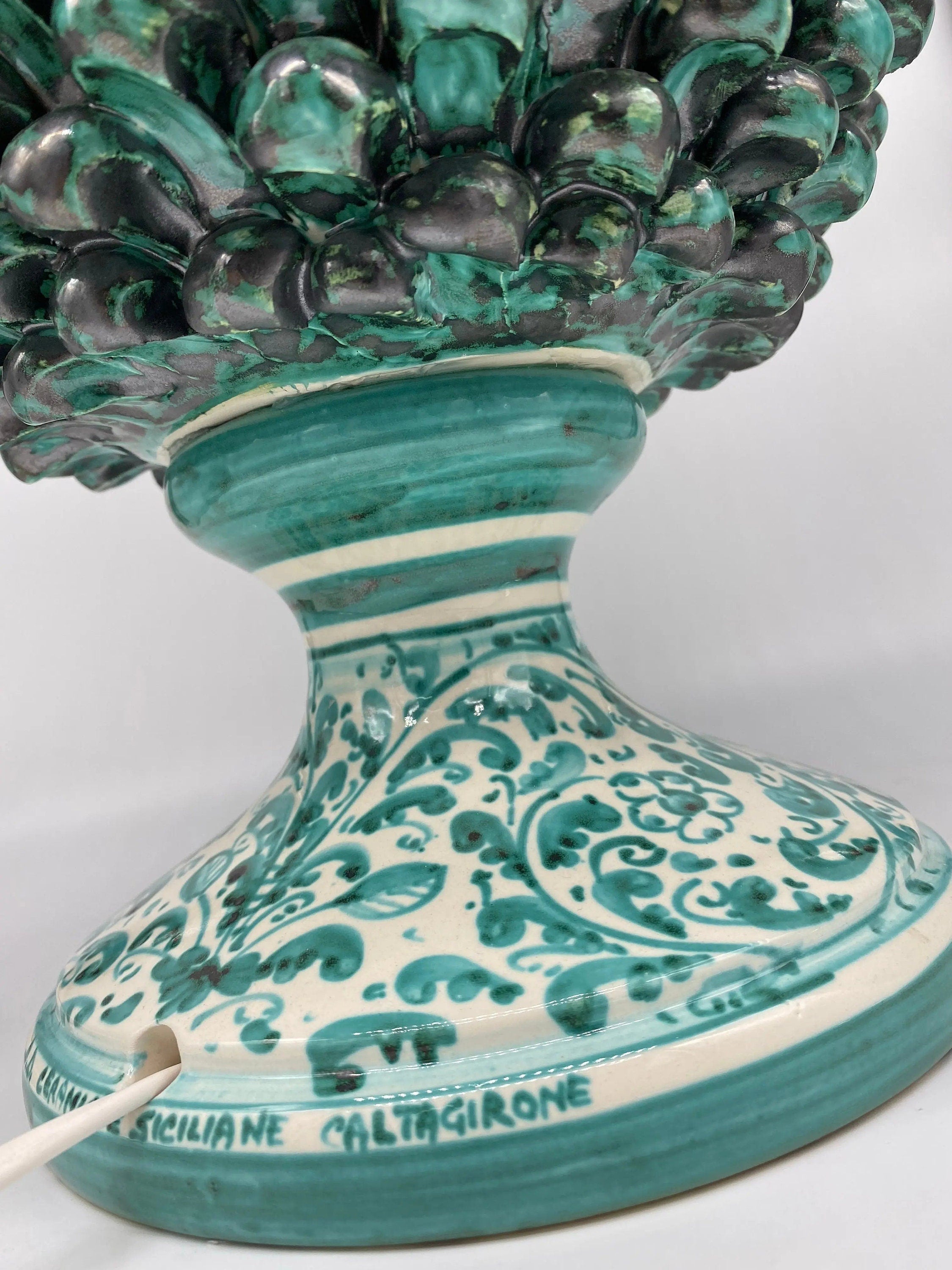 Lampada Pigna Ceramica Caltagirone cm H.45 Artigianale Verde Rame Base Decorata DD CERAMICHE SICILIANE