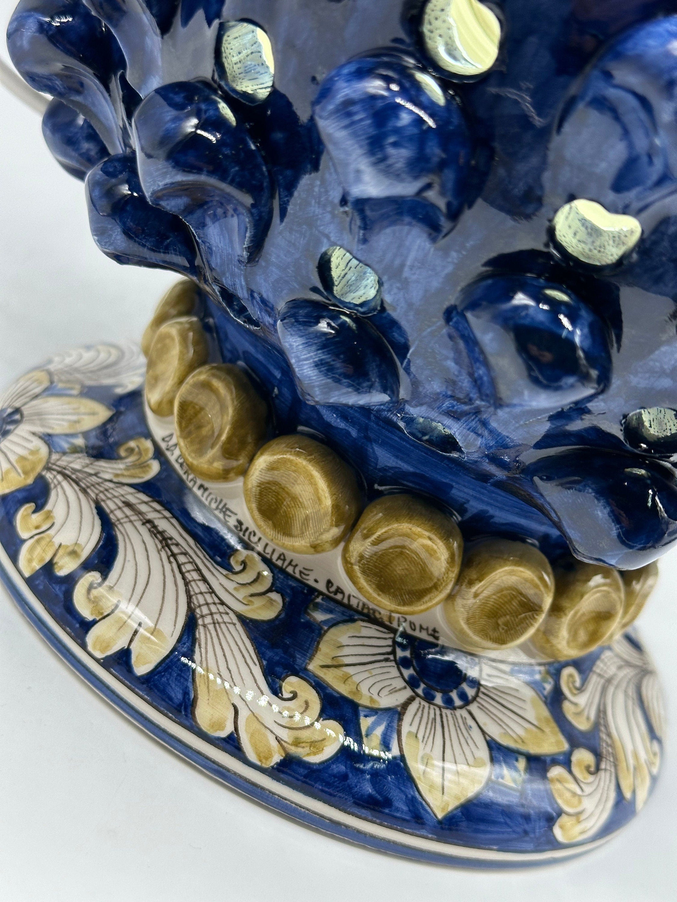 Lampada Pigna Gigante traforata Ceramica Caltagirone cm H.45 L.28 Artigianale Blu Base Decorata