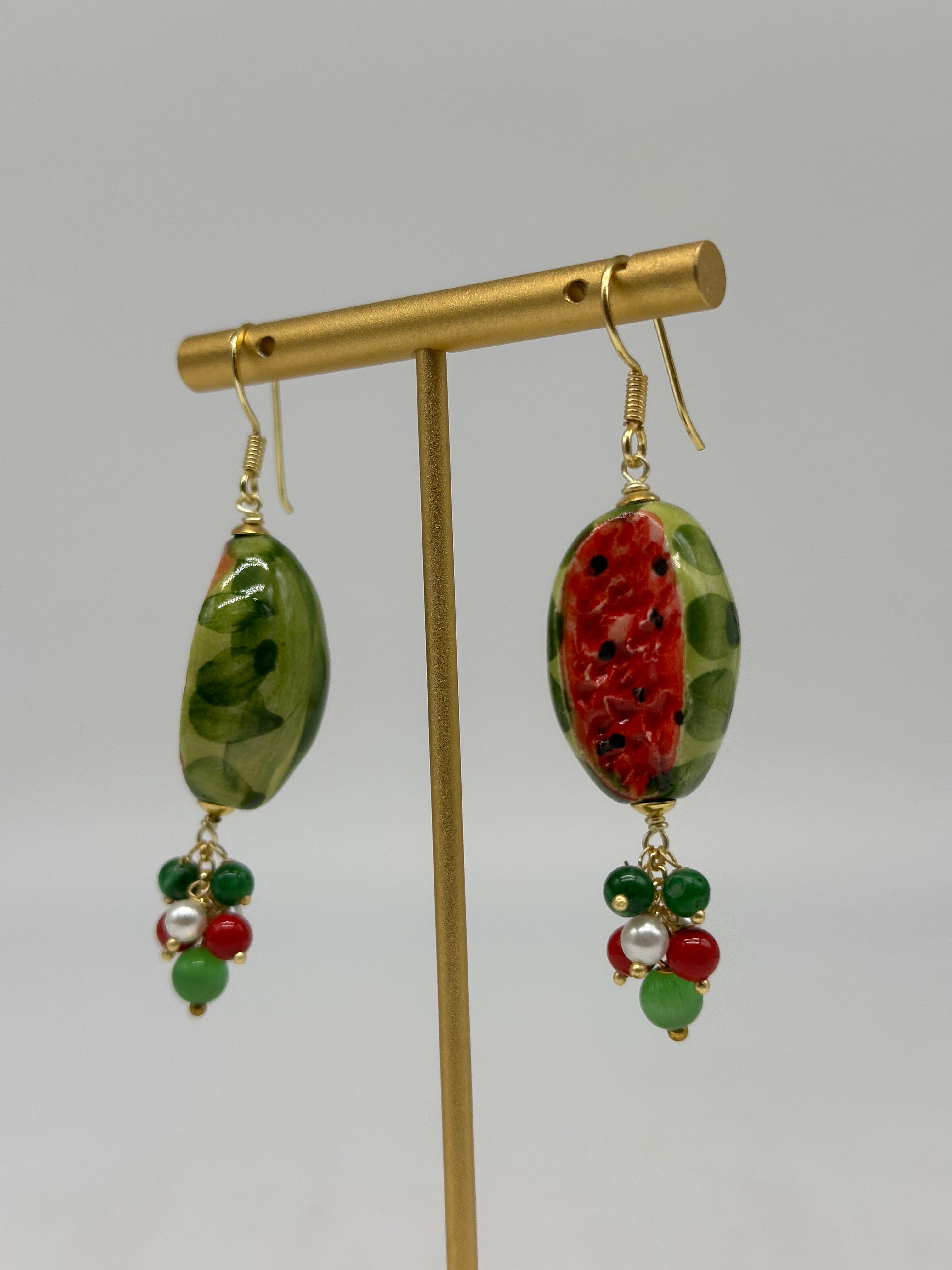Orecchini Artigianali Anguria Ceramica di Caltagirone pietre varie - BIJOUX