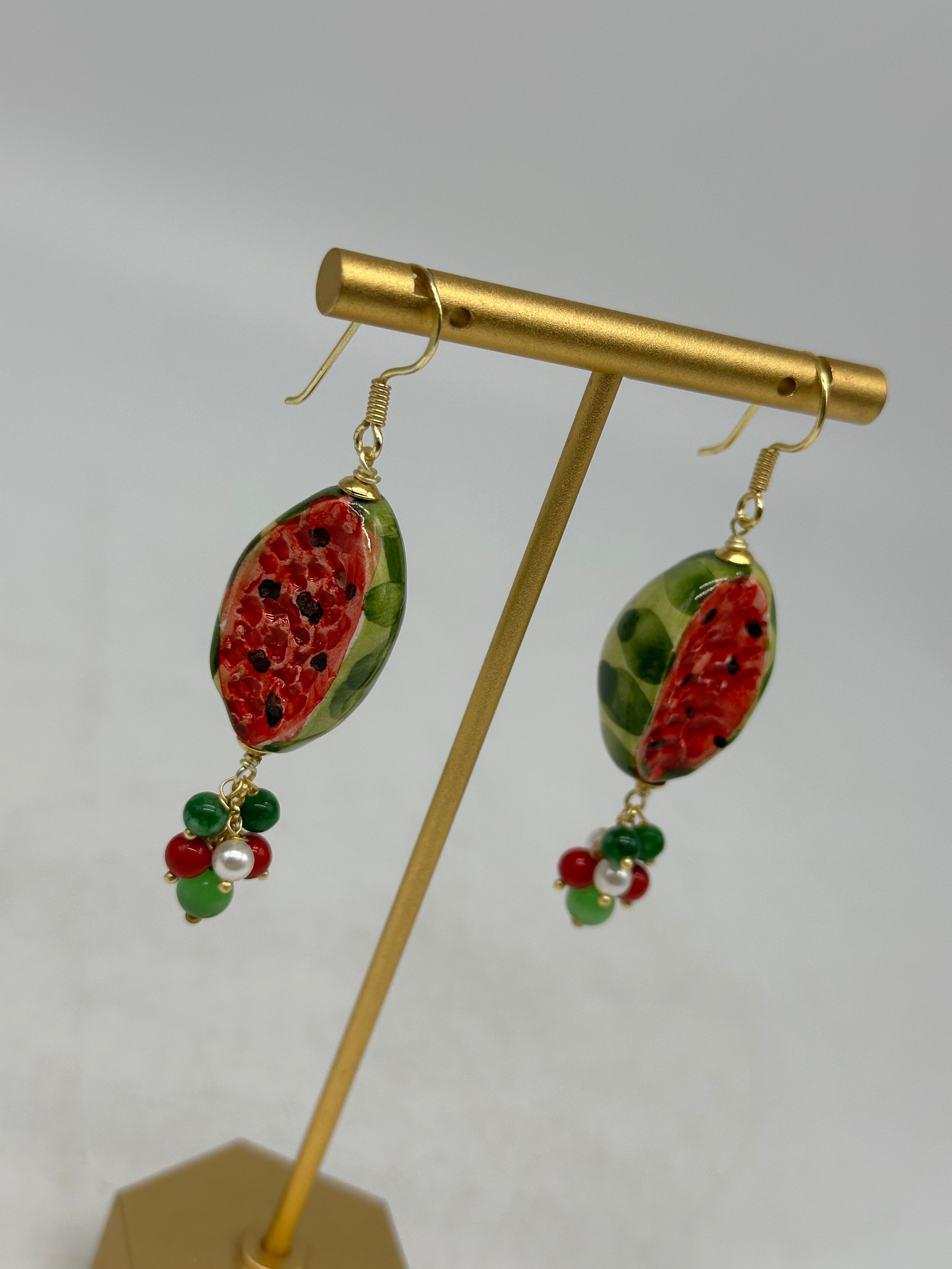 Orecchini Artigianali Anguria Ceramica di Caltagirone pietre varie - BIJOUX