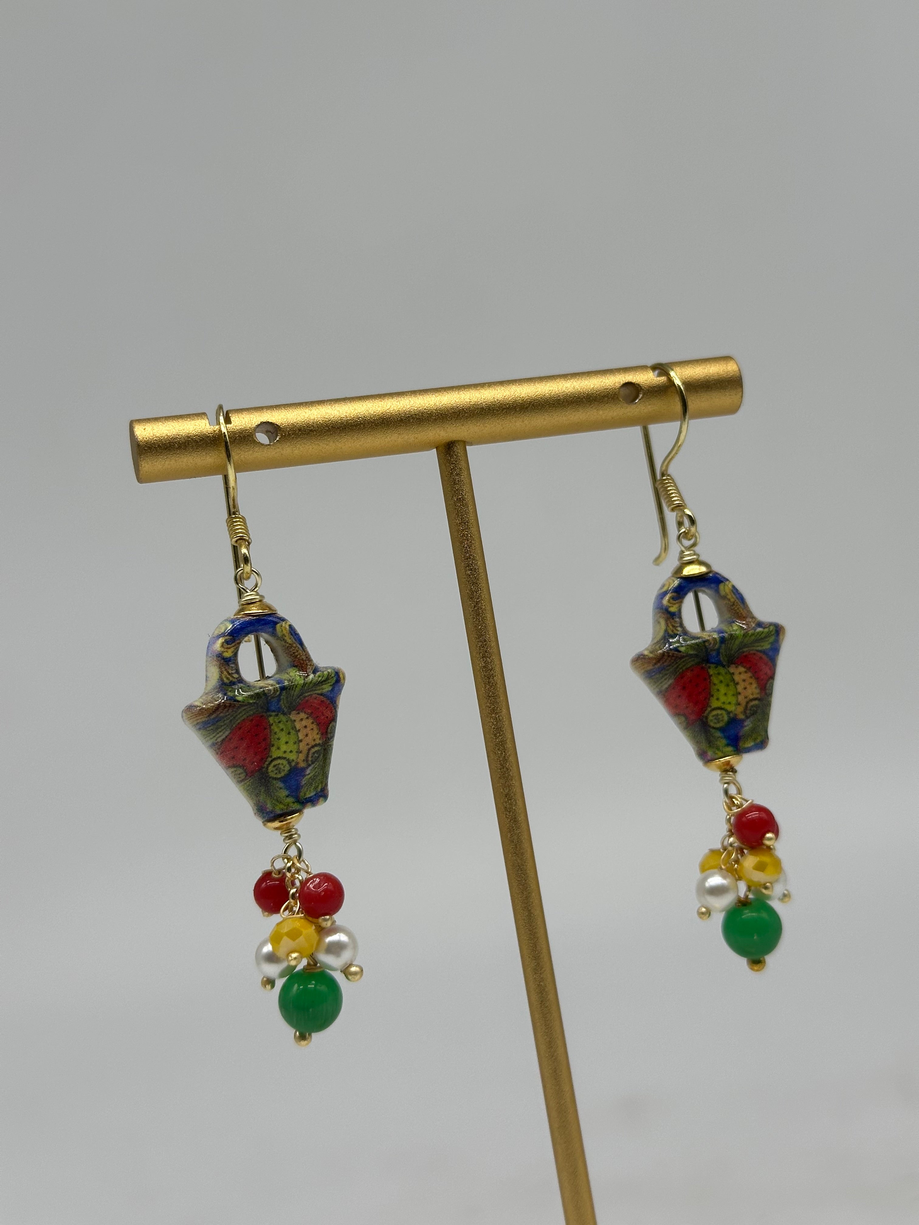 Orecchini Artigianali Coffa Siciliana in Ceramica di Caltagirone pietre varie V.3 - ORECCHINI