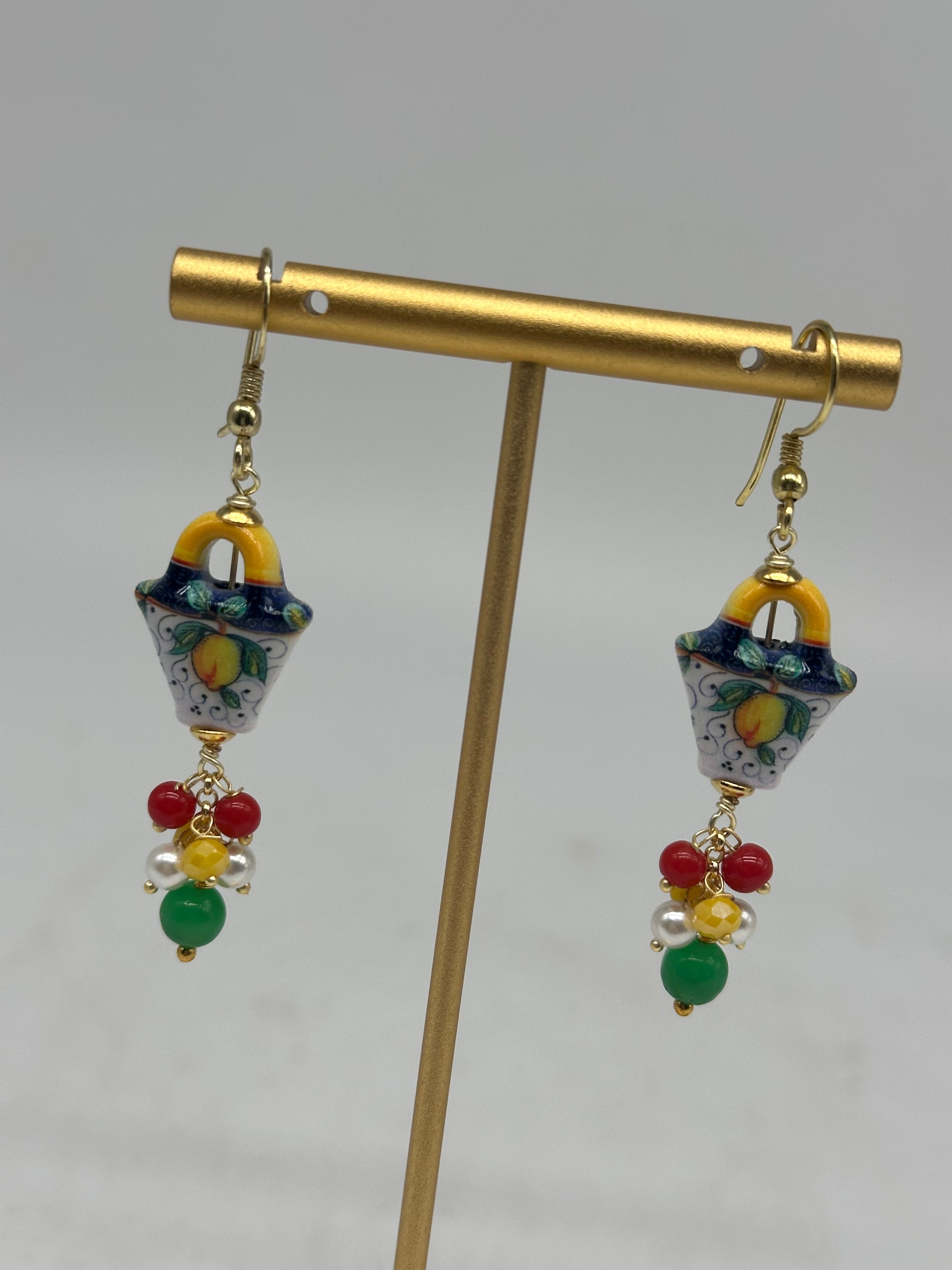 Orecchini Artigianali Coffa Siciliana in Ceramica di Caltagirone pietre varie V.2 - ORECCHINI