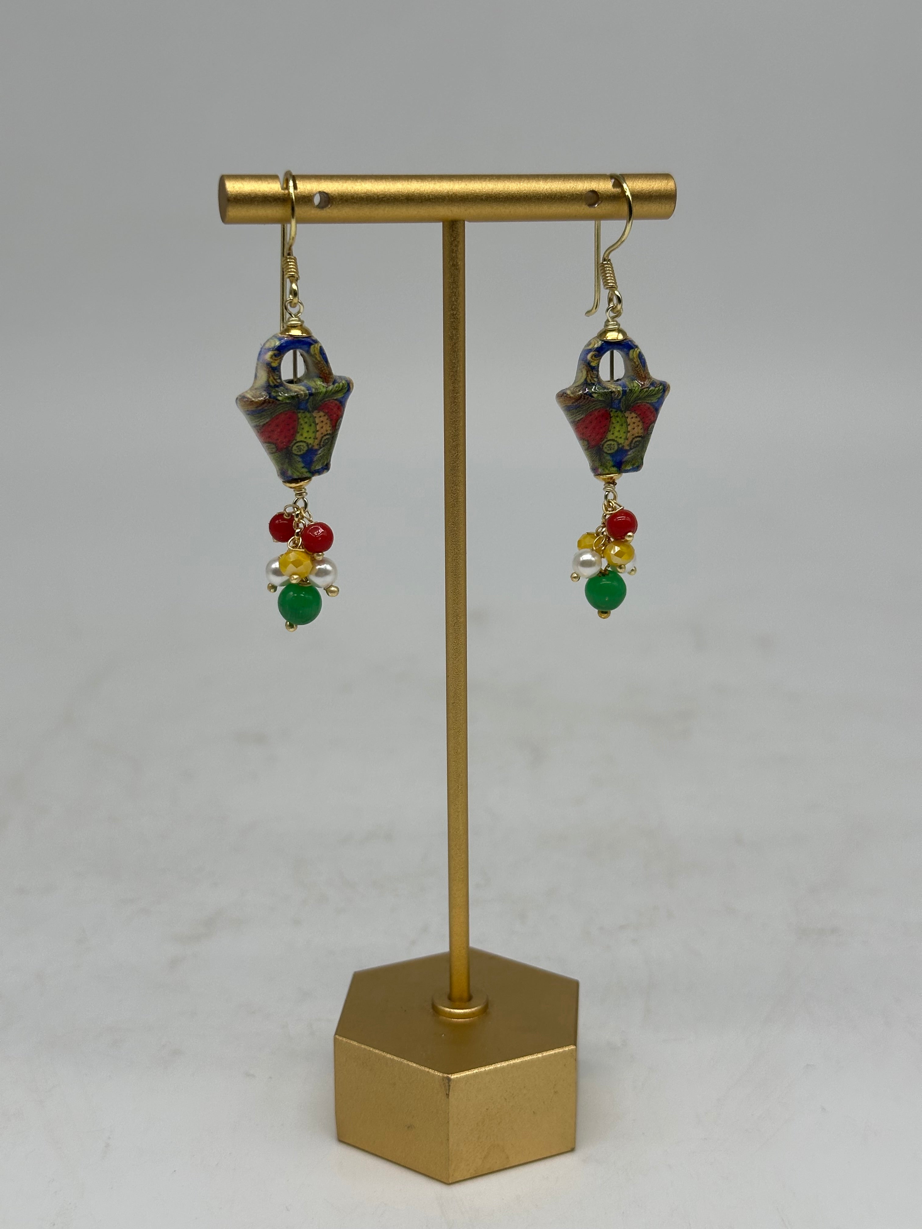 Orecchini Artigianali Coffa Siciliana in Ceramica di Caltagirone pietre varie V.3 - ORECCHINI