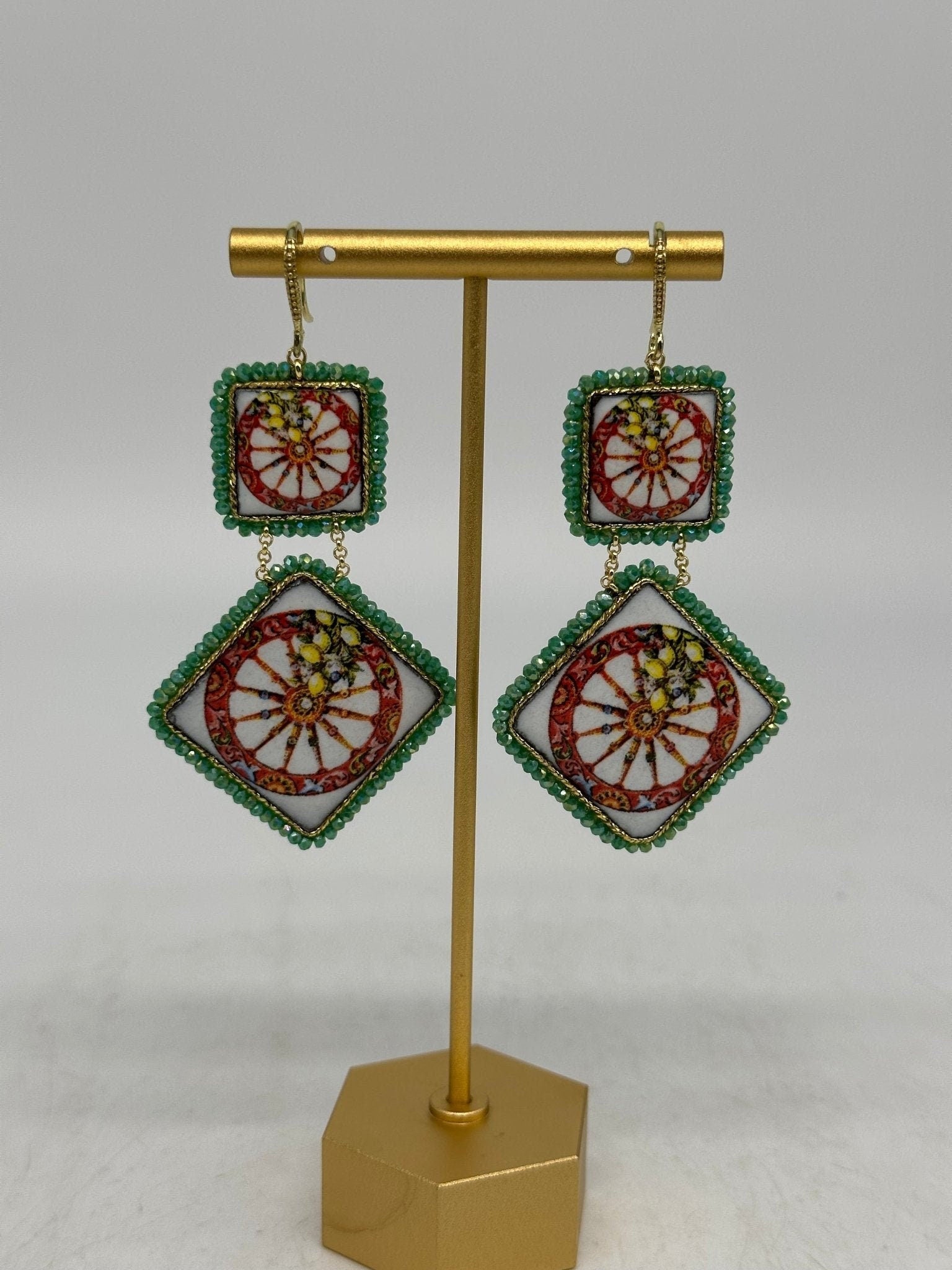Orecchini Piastrella Ceramica di Caltagirone, cornice verde - DD CERAMICHE SICILIANE