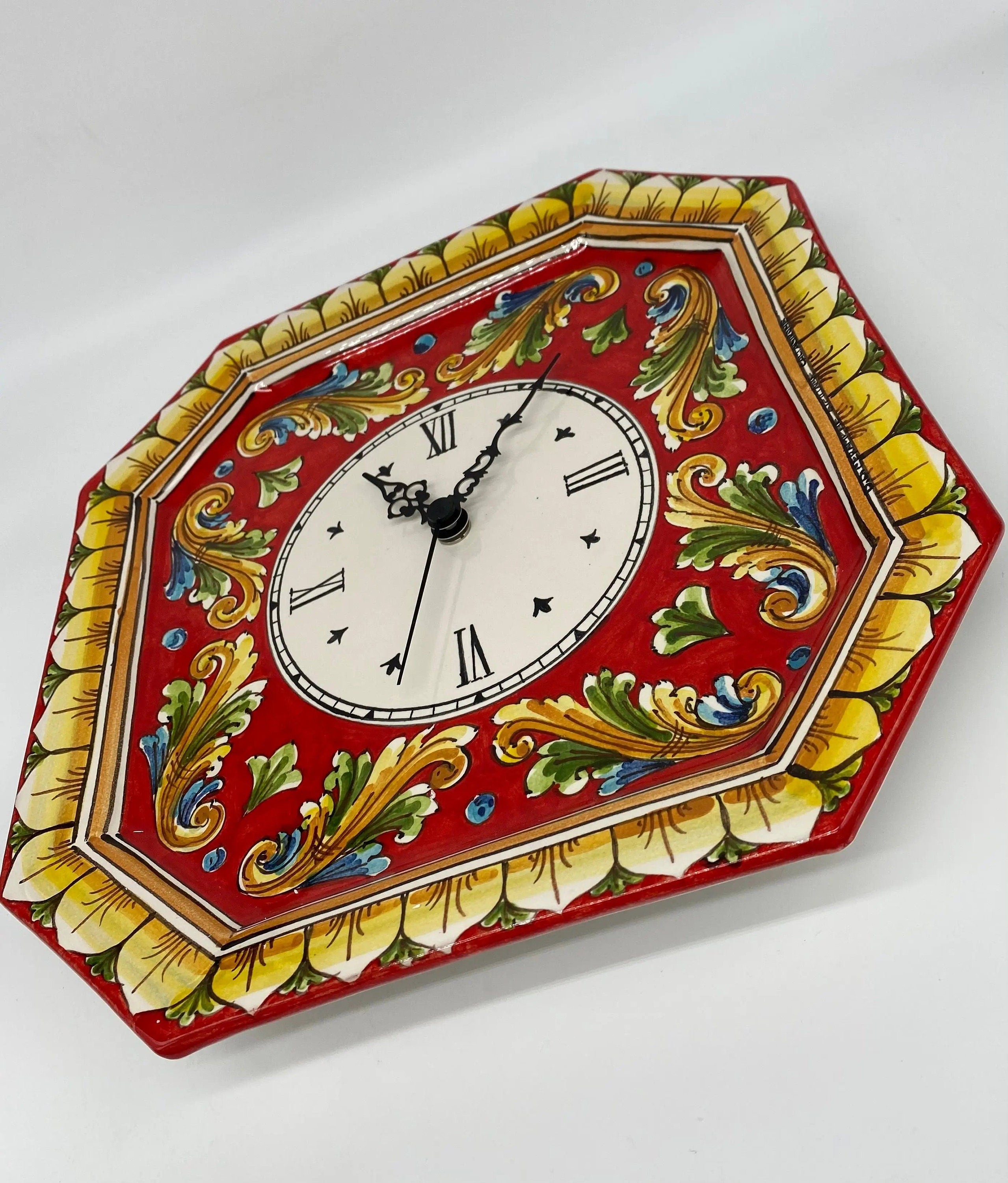 Orologio da Parete Ceramica Caltagirone Ottagonale dipinto a mano cm 32 Decoro n.1 DD CERAMICHE SICILIANE