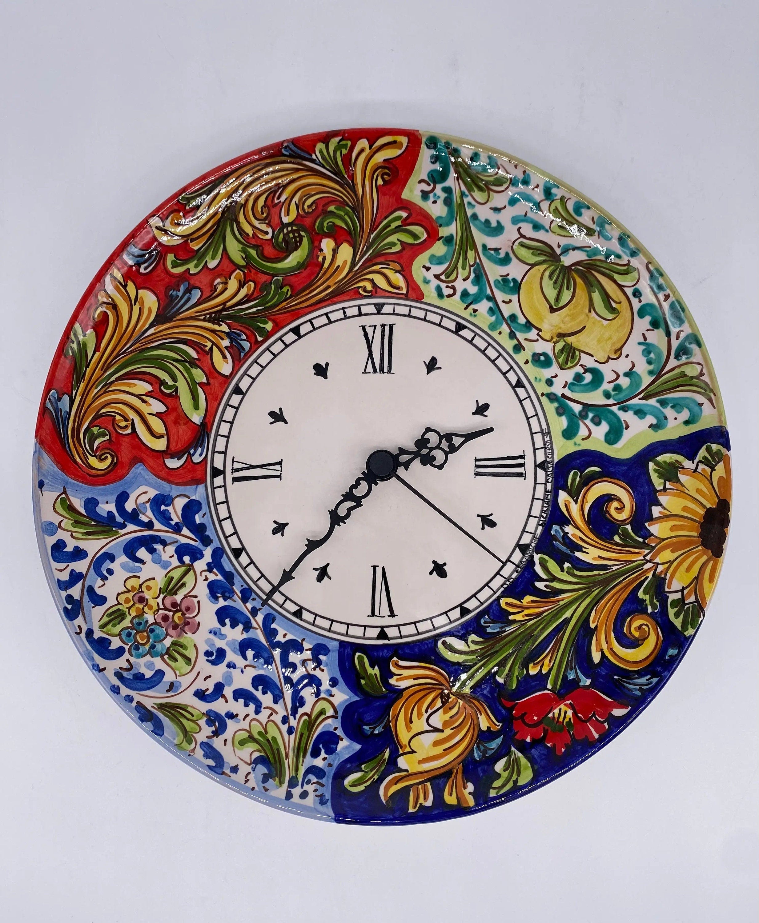 Orologio da Parete Ceramica Caltagirone Rotondo dipinto a mano cm D.30 Decoro n.3 DD CERAMICHE SICILIANE