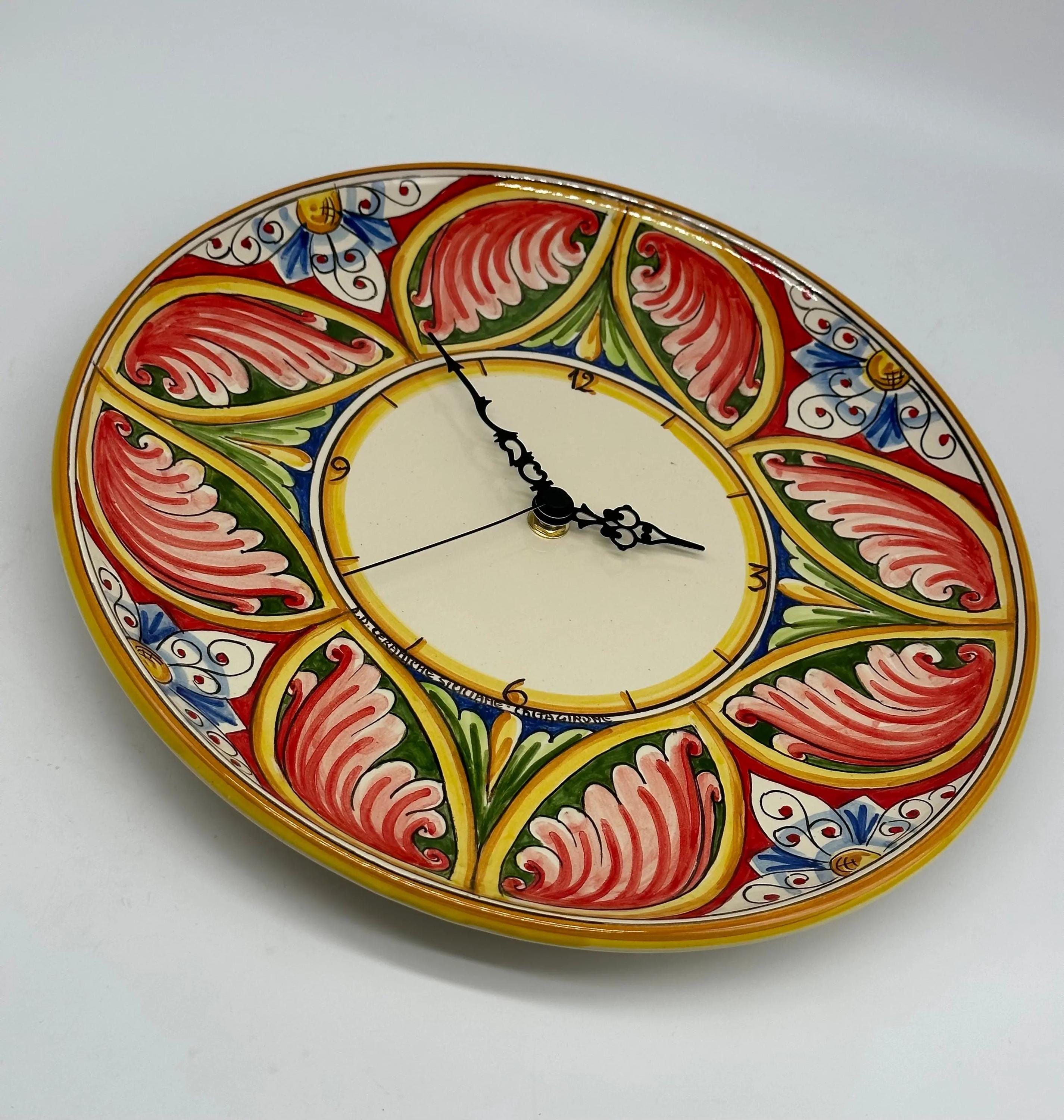 Orologio da Parete Ceramica Caltagirone Rotondo dipinto a mano cm D.30 Decoro n.8g DD CERAMICHE SICILIANE