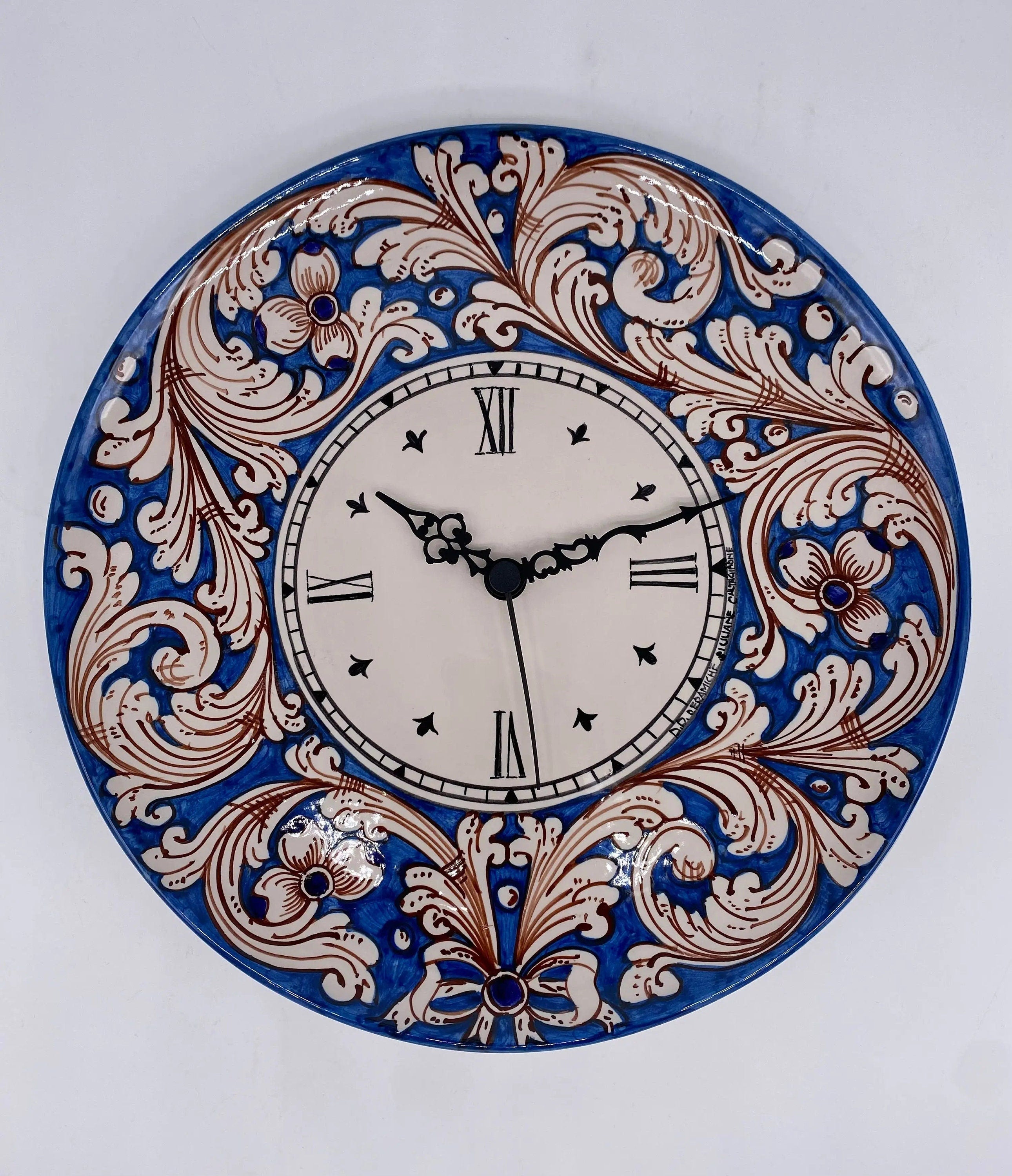 Orologio da Parete Ceramica Caltagirone Rotondo dipinto a mano cm D.30 Decoro n.5 DD CERAMICHE SICILIANE