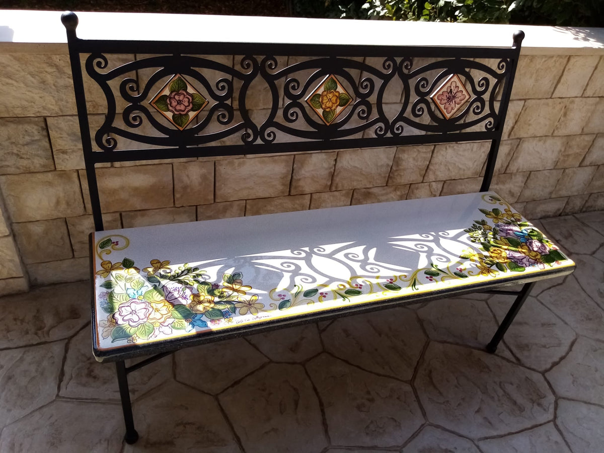 Panchina in Ferro Battuto con Pietra Lavica e Mattonelle cm 10x10 Decoro Floreale - PANCHINE