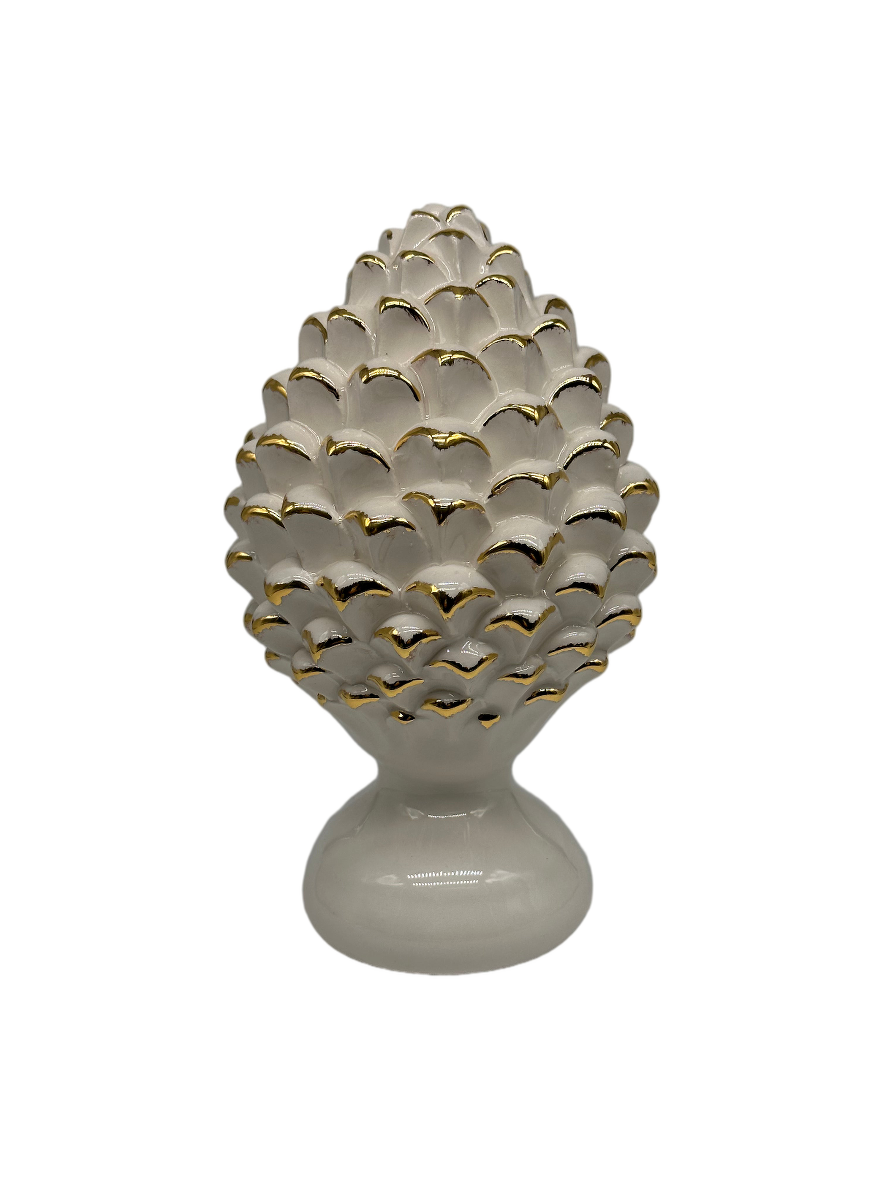 Pigna Ceramica Caltagirone cm H.20 Artigianale Bianco Oro Linea Luis DD CERAMICHE SICILIANE