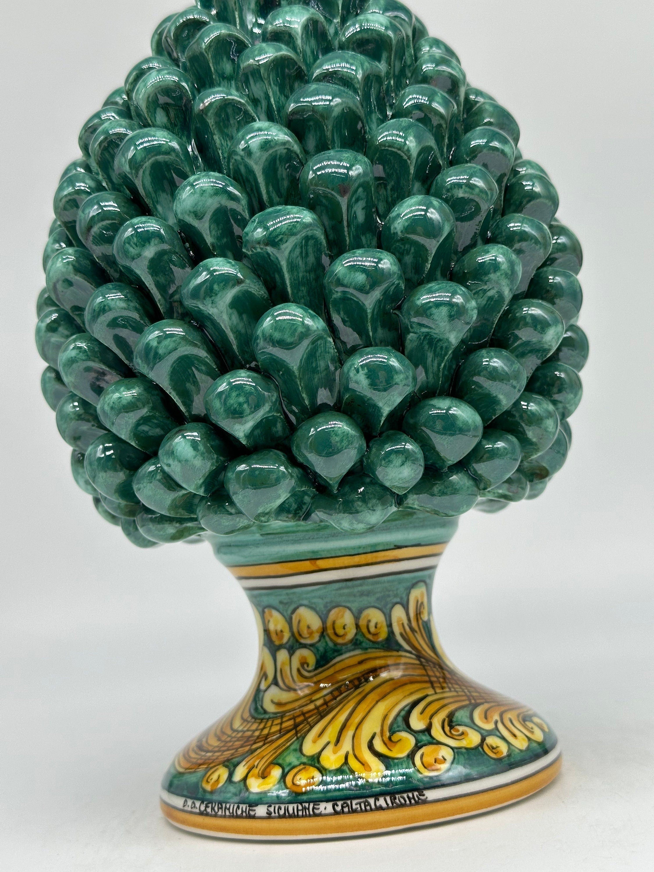 Pigna Ceramica Caltagirone cm H.25 Artigianale Verde Rame Base Decorata DD CERAMICHE SICILIANE