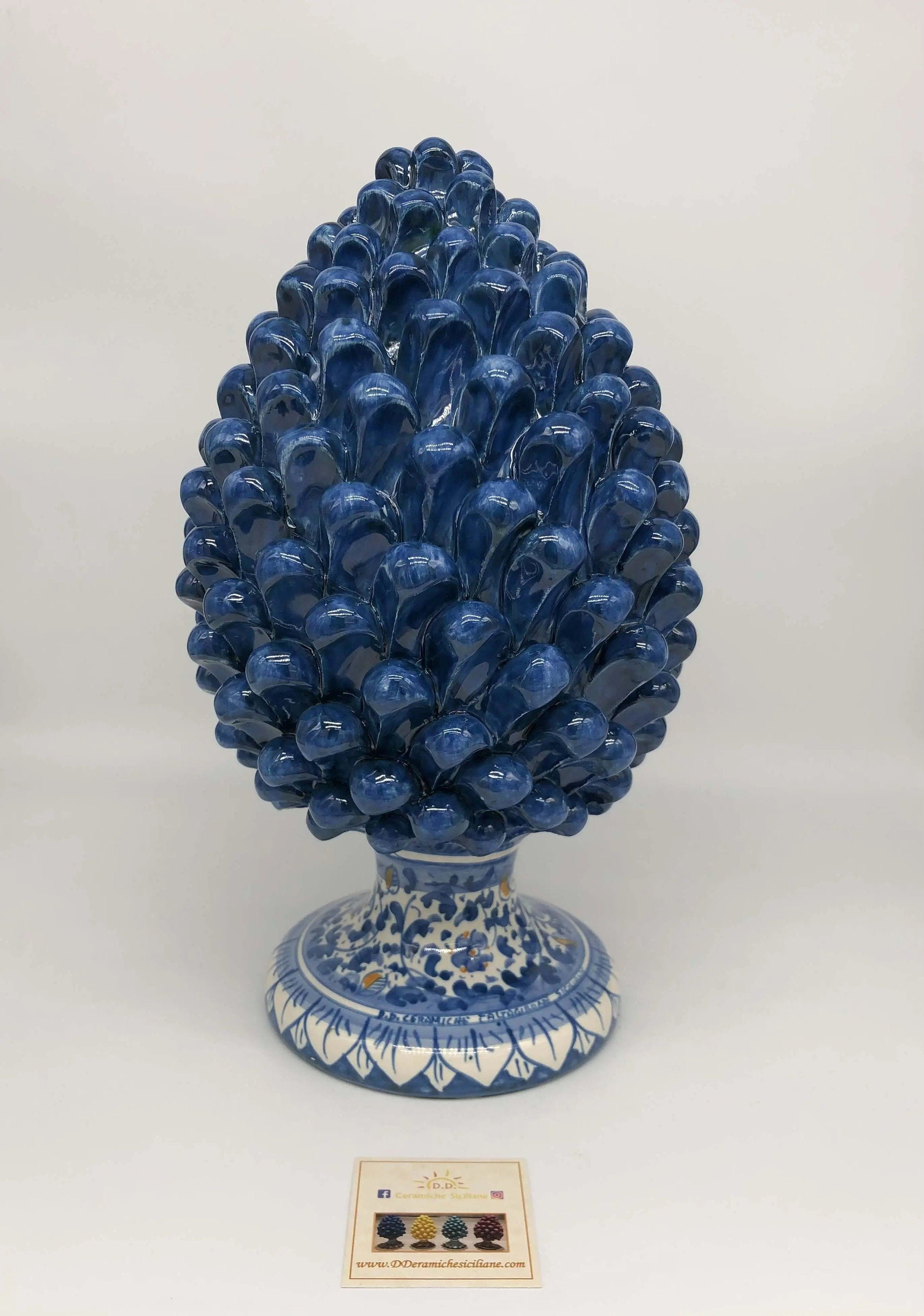 Pigna Ceramica Caltagirone cm H.30 Artigianale Blu Antico Base Decorata Fiori DD CERAMICHE SICILIANE