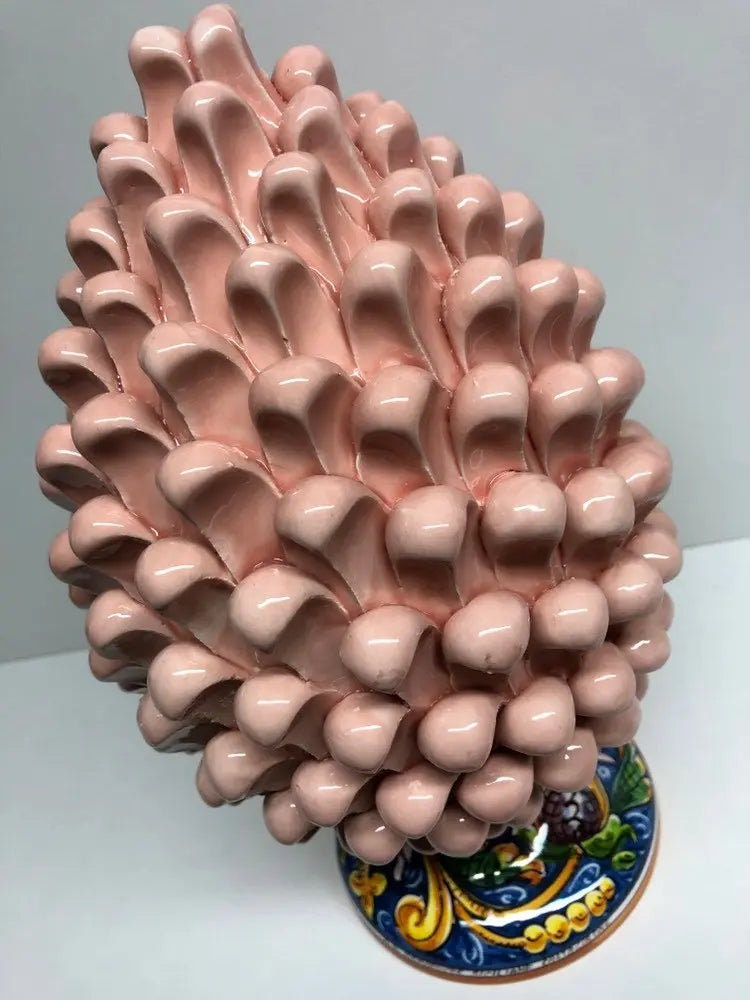 Pigna Ceramica Caltagirone cm H.30 Artigianale Rosa Cipria Base Decorata DD CERAMICHE SICILIANE