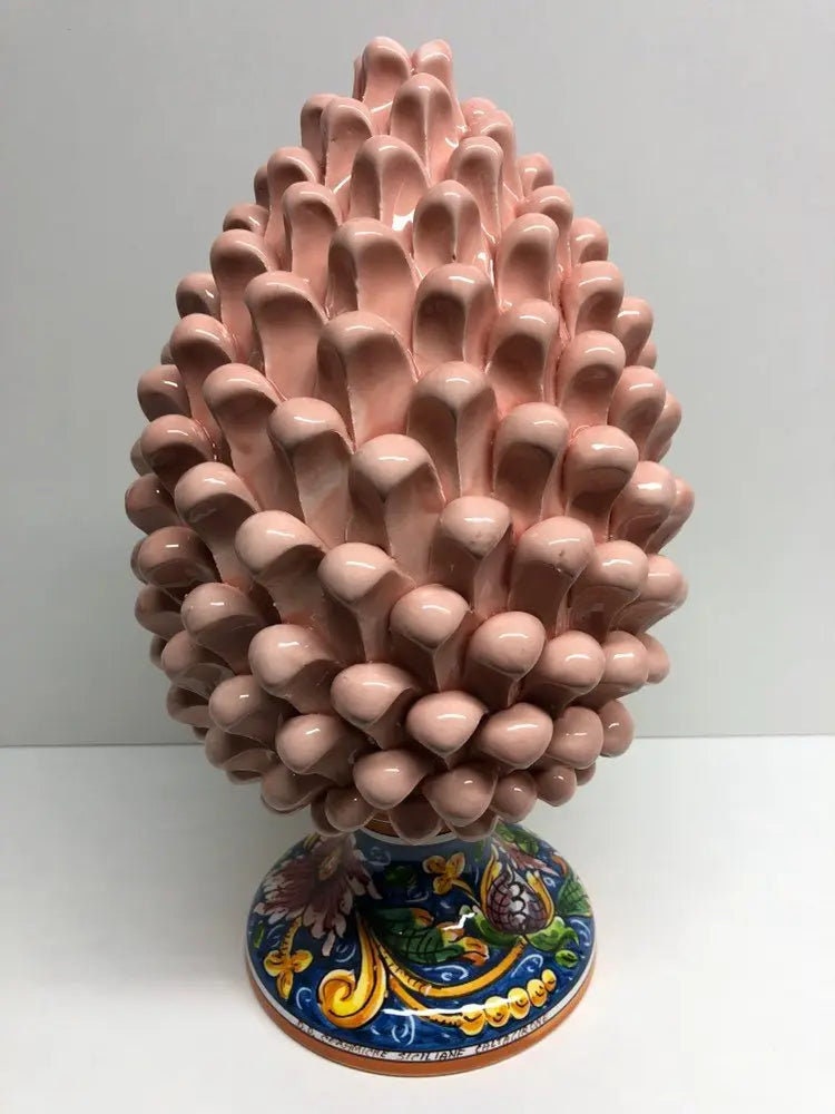 Pigna Ceramica Caltagirone cm H.30 Artigianale Rosa Cipria Base Decorata DD CERAMICHE SICILIANE