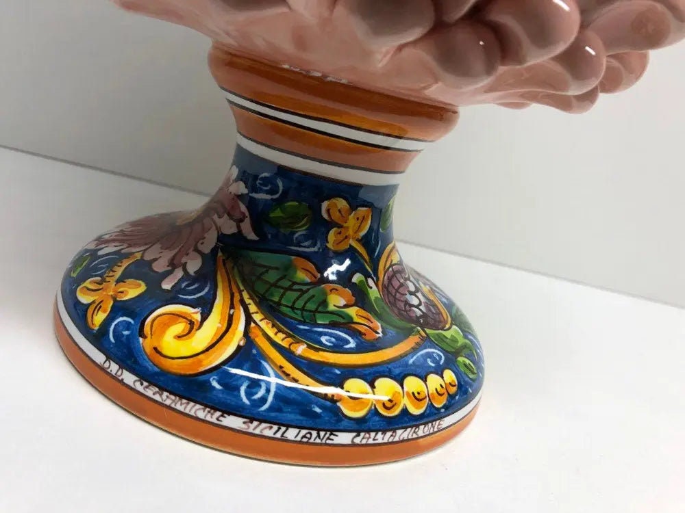 Pigna Ceramica Caltagirone cm H.30 Artigianale Rosa Cipria Base Decorata DD CERAMICHE SICILIANE