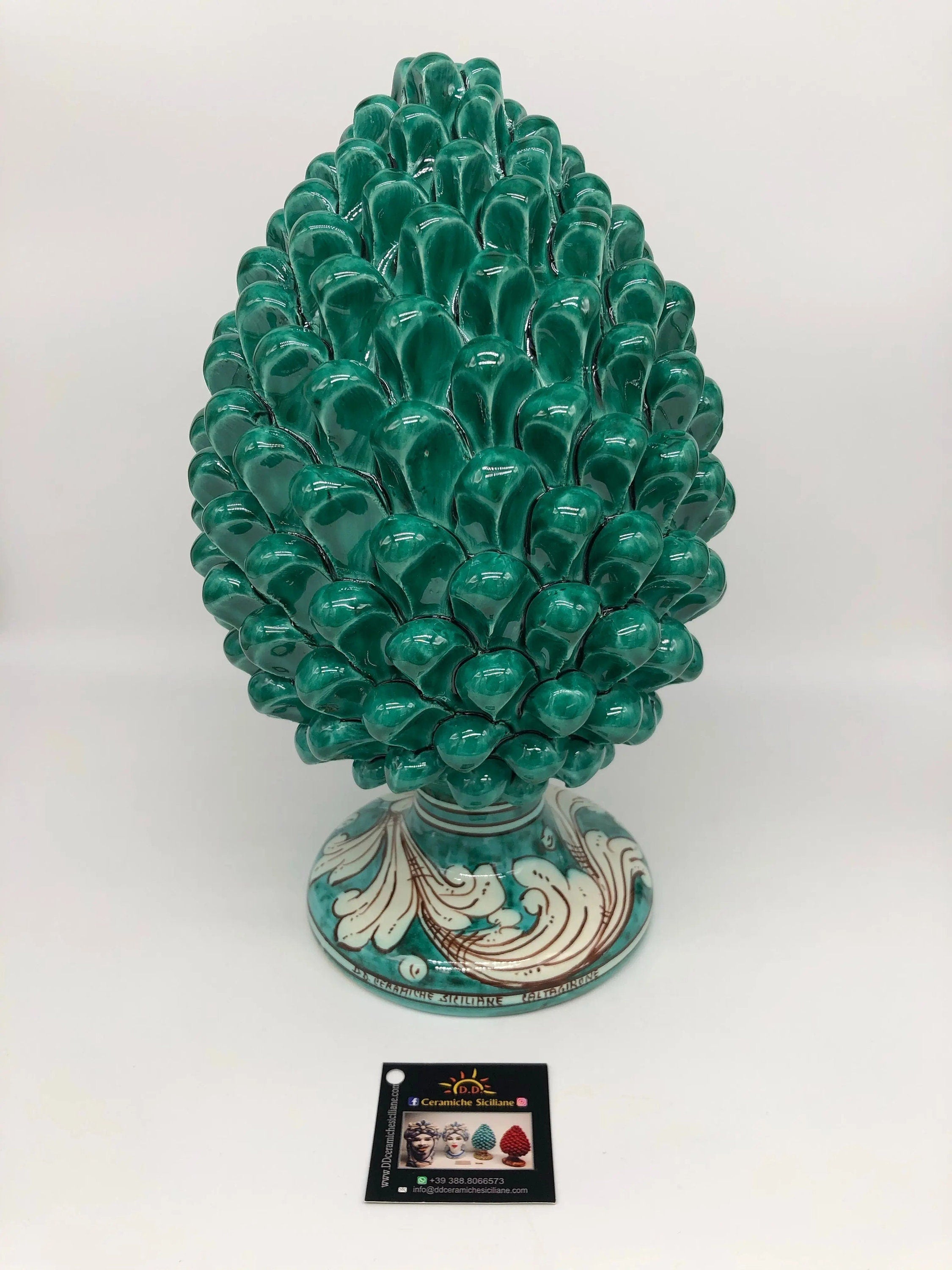 Pigna Ceramica Caltagirone cm H.30 Artigianale Verde Cristallo Base Decorata DD CERAMICHE SICILIANE