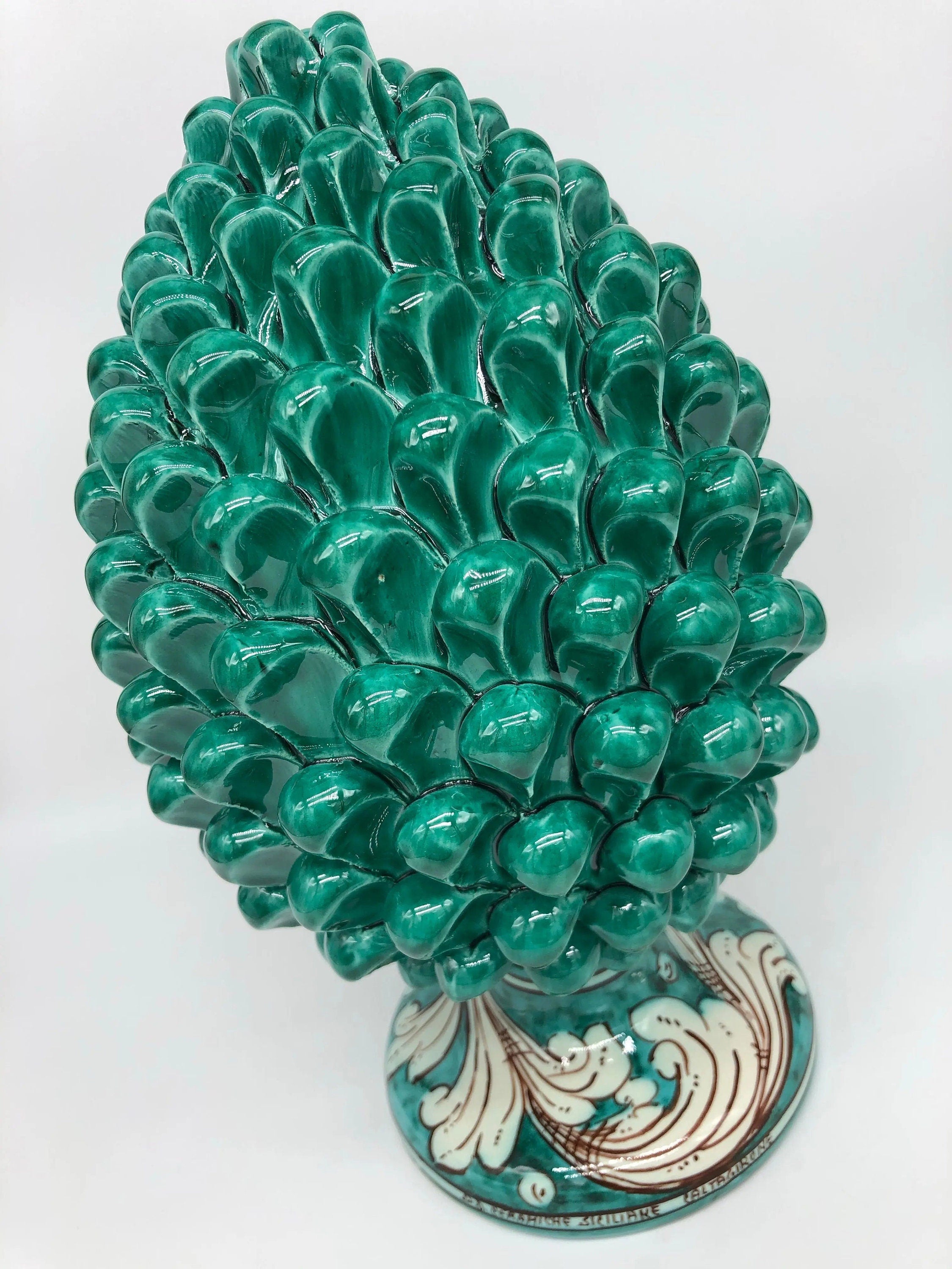 Pigna Ceramica Caltagirone cm H.30 Artigianale Verde Cristallo Base Decorata DD CERAMICHE SICILIANE