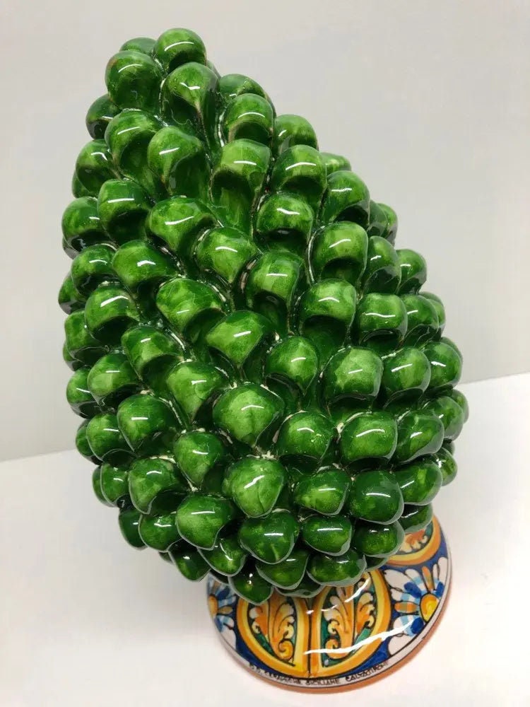 Pigna Ceramica Caltagirone cm H.30 Artigianale Verde Prato Base Decorata DD CERAMICHE SICILIANE