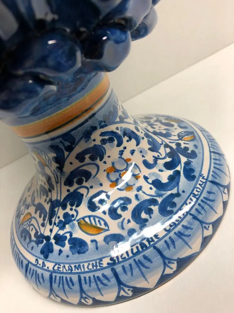 Pigna Ceramica Caltagirone cm H.35 Artigianale Blu Antico Base Decorata Fiori DD CERAMICHE SICILIANE