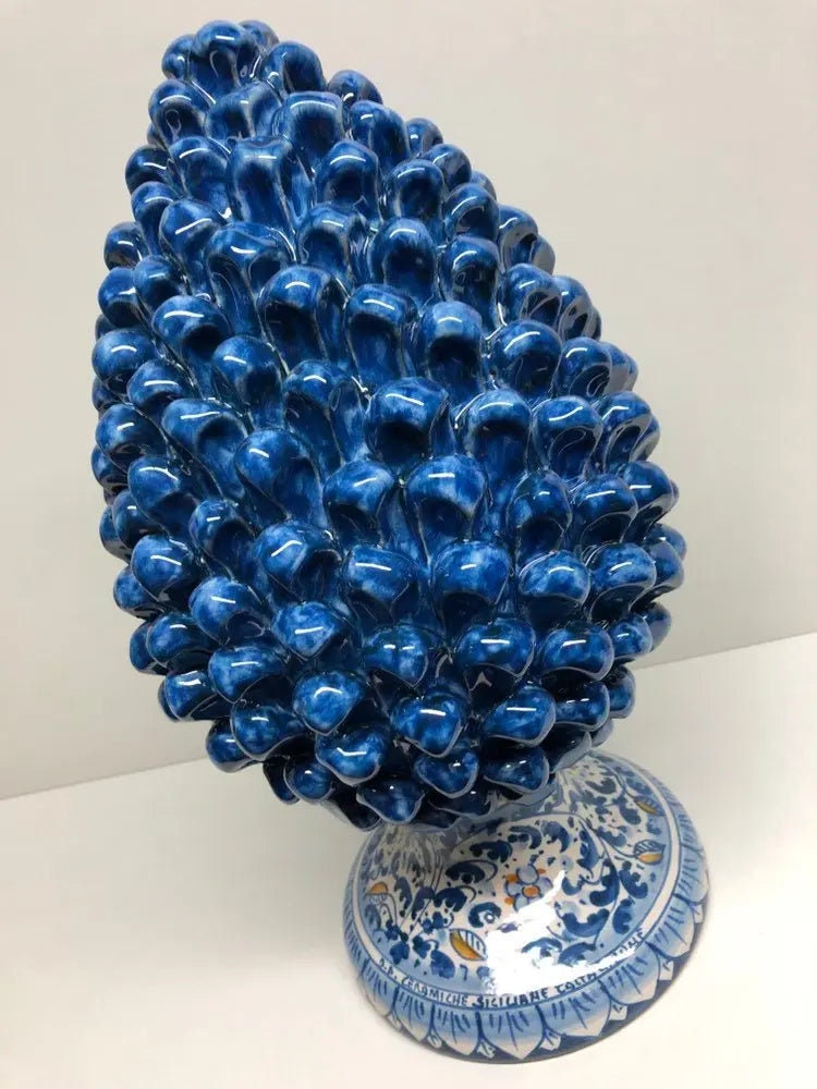 Pigna Ceramica Caltagirone cm H.35 Artigianale Blu Antico Base Decorata Fiori DD CERAMICHE SICILIANE