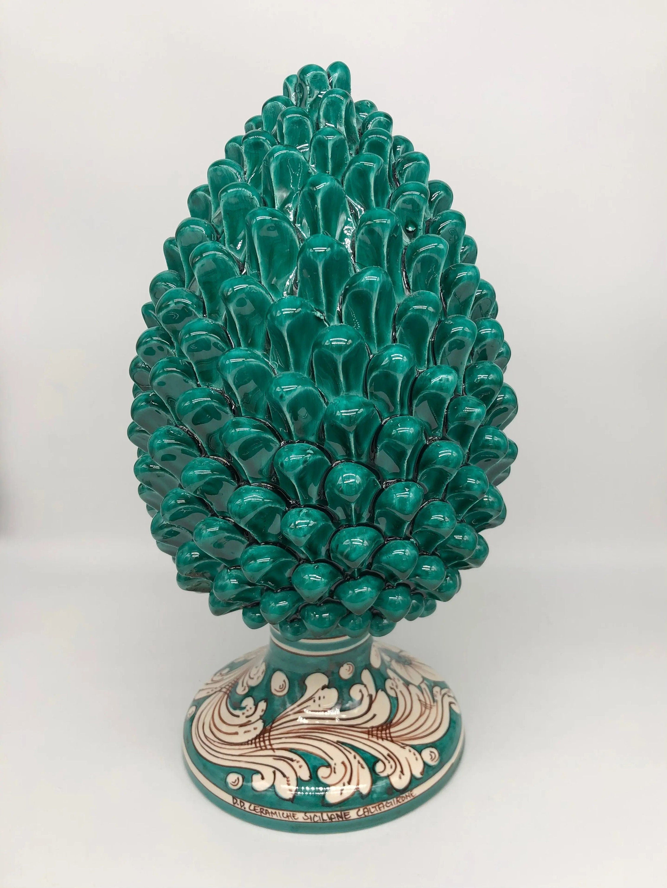 Pigna Ceramica Caltagirone cm H.35 Artigianale Verde Cristallo Base Decorata DD CERAMICHE SICILIANE