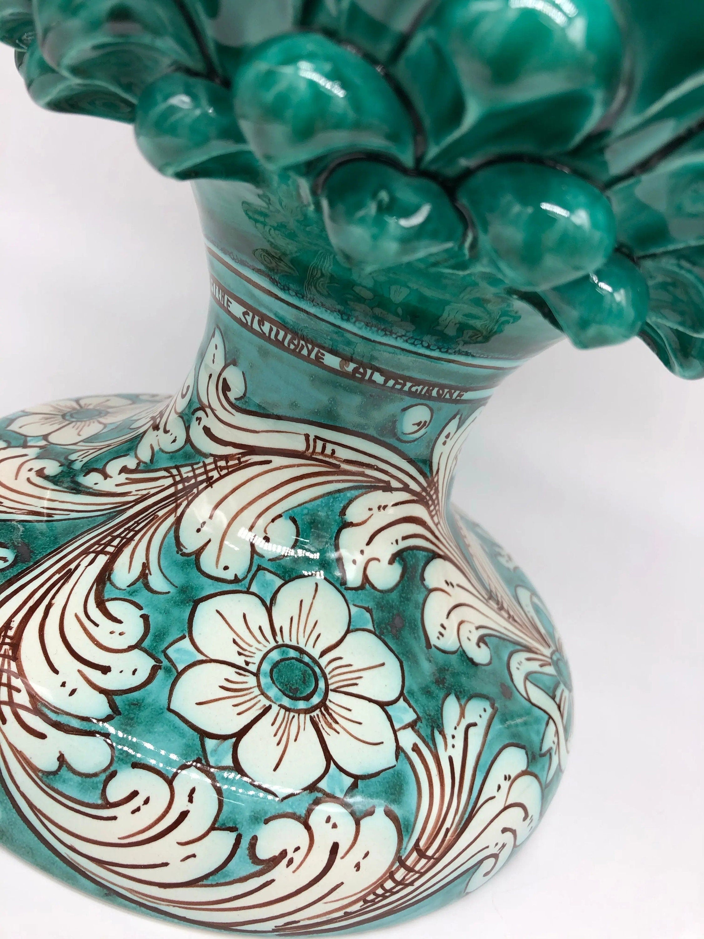 Pigna Ceramica Caltagirone cm H.40 Artigianale Verde Cristallo con Base Decorata DD CERAMICHE SICILIANE