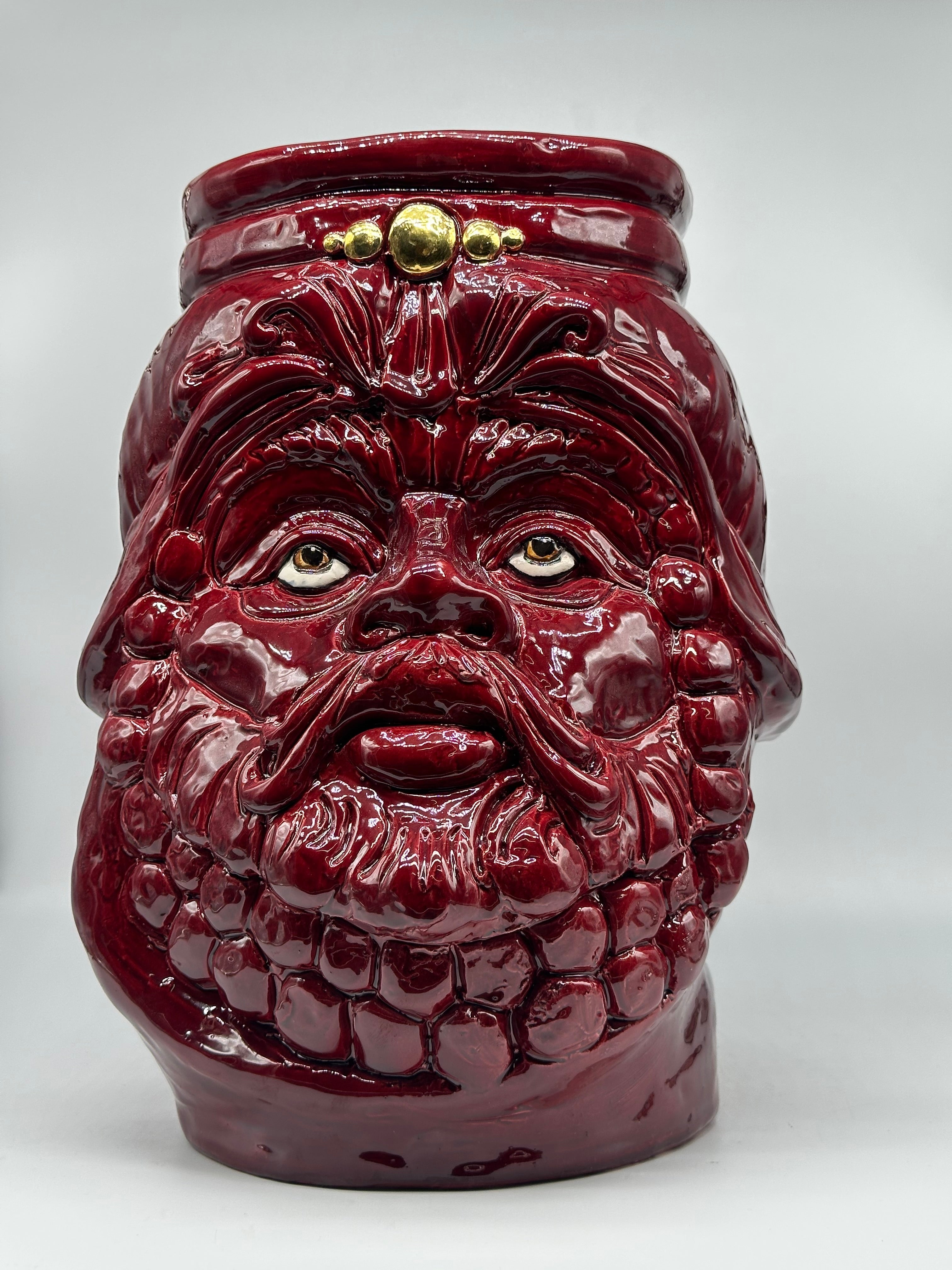 Testa Mitologica Uomo Ceramica Caltagirone cm H.35 L.25 Artigianale Bordeaux dettagli Oro - TESTA DI MORO