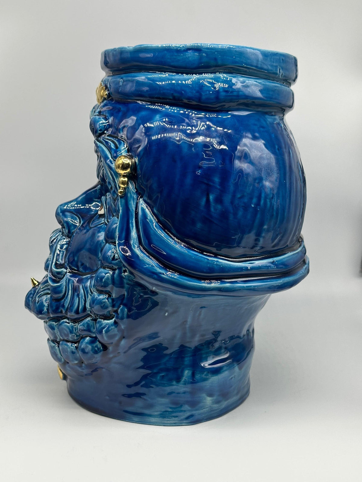 Testa Mitologica Uomo Ceramica Caltagirone cm H.35 L.25 Artigianale Blu dettagli Oro - TESTA DI MORO
