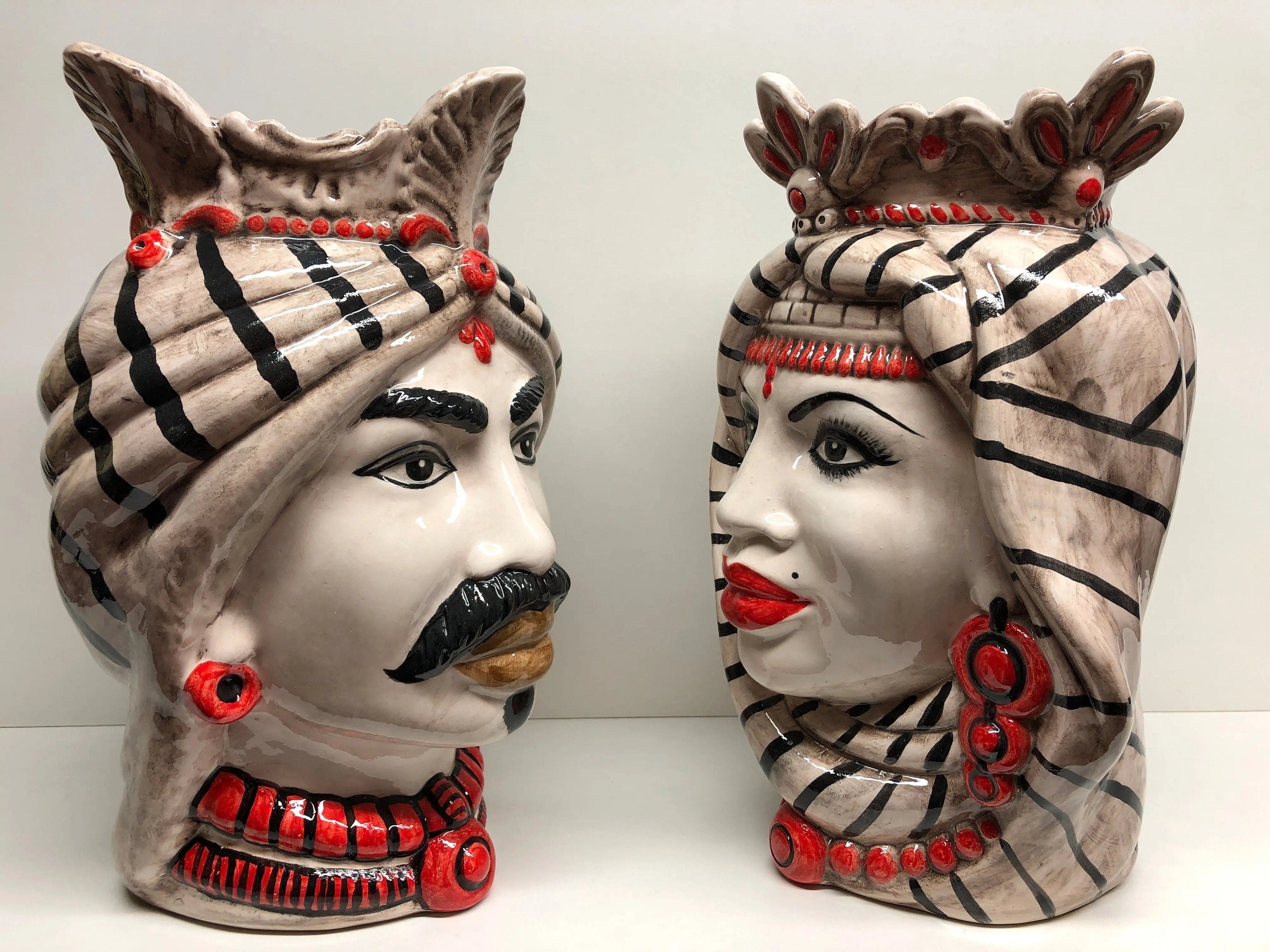 Teste di Moro Afro Ceramica Caltagirone cm H.35 L.23 Artigianale Turbante Striscie DD CERAMICHE SICILIANE