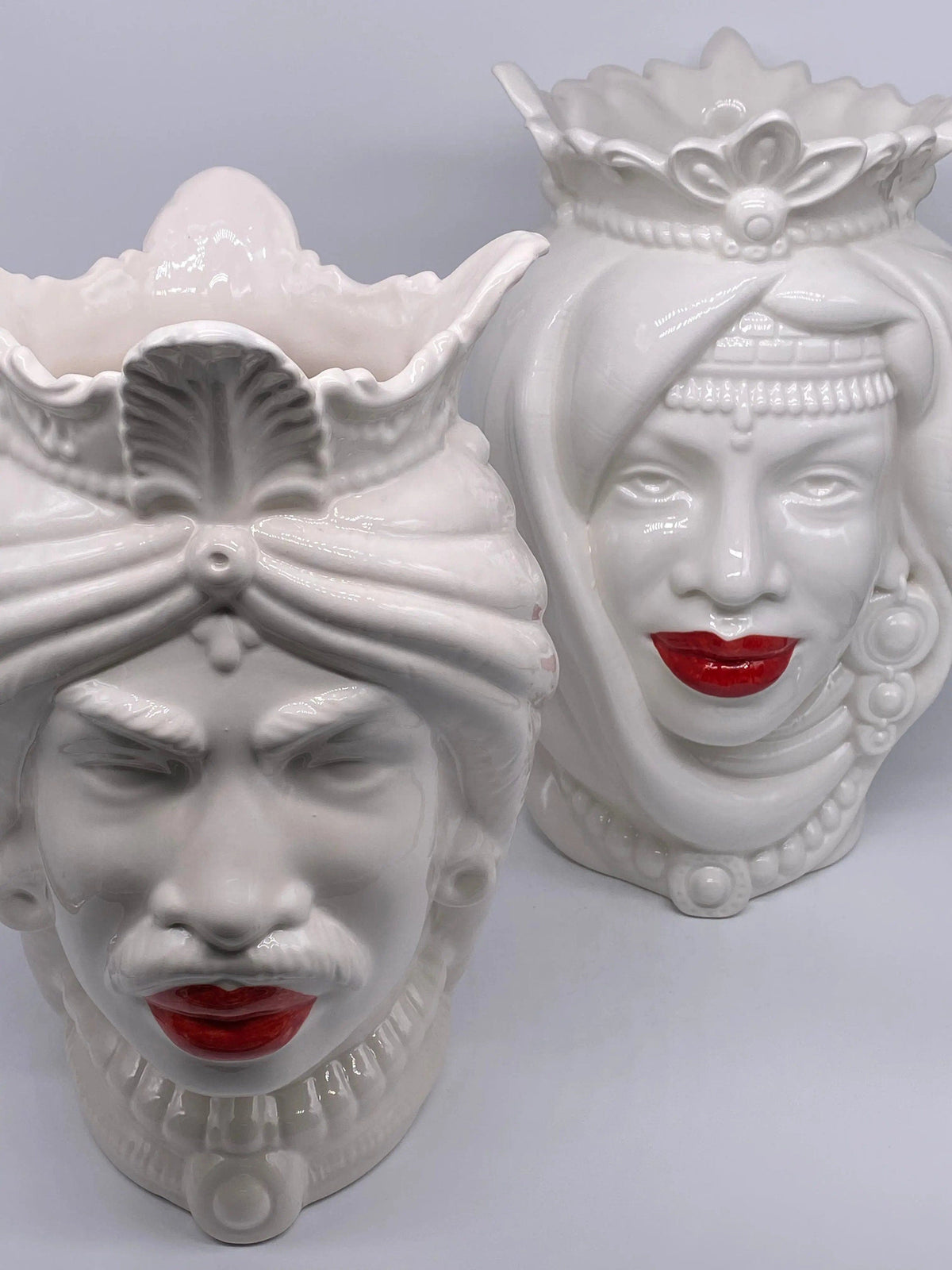 Teste di Moro Afro Ceramica Caltagirone cm H.37 L.24 Artigianale Bianco Labbra Rosse DD CERAMICHE SICILIANE