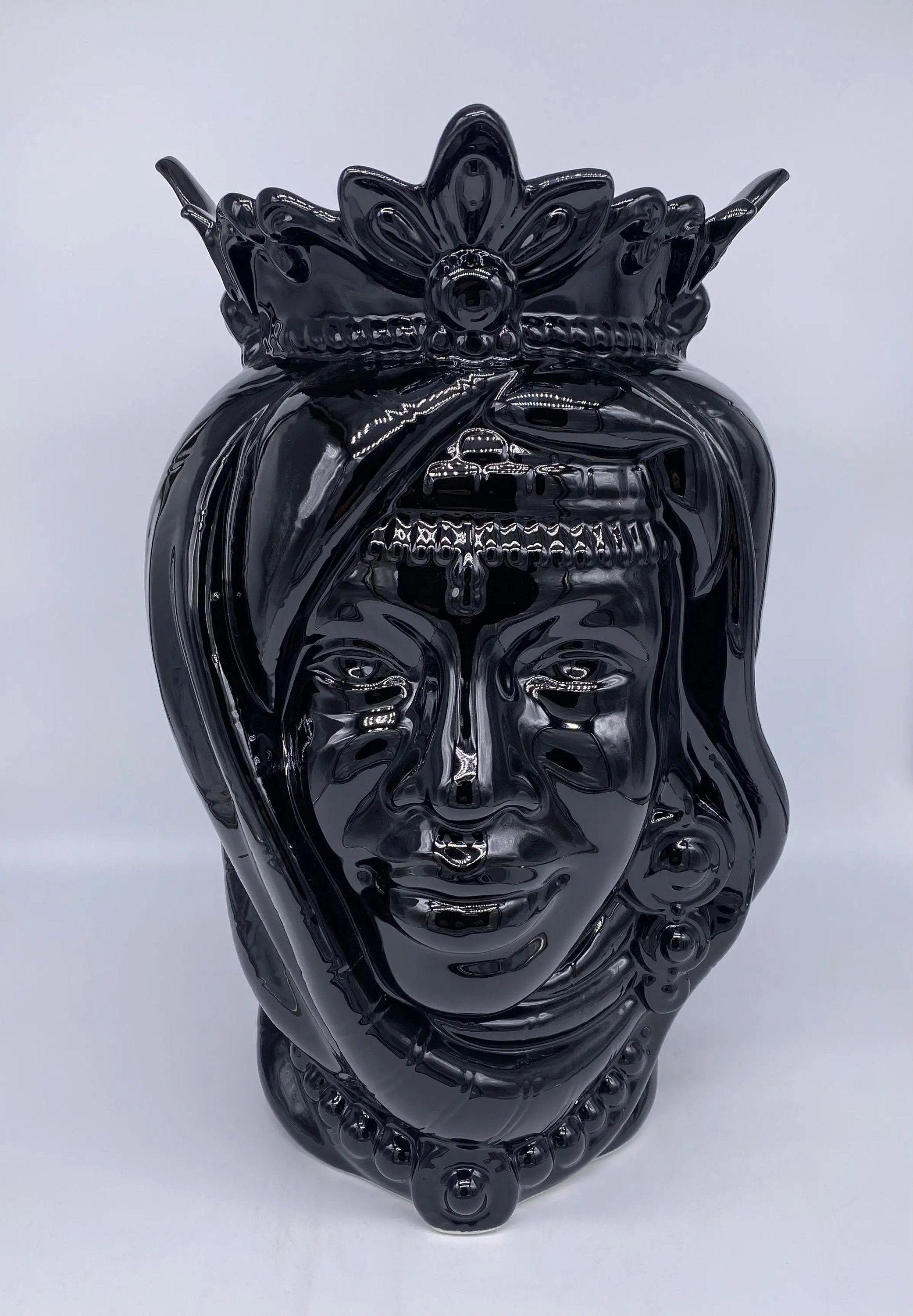 Teste di Moro Afro Ceramica Caltagirone cm H.37 L.24 Artigianale Nero Lucido DD CERAMICHE SICILIANE
