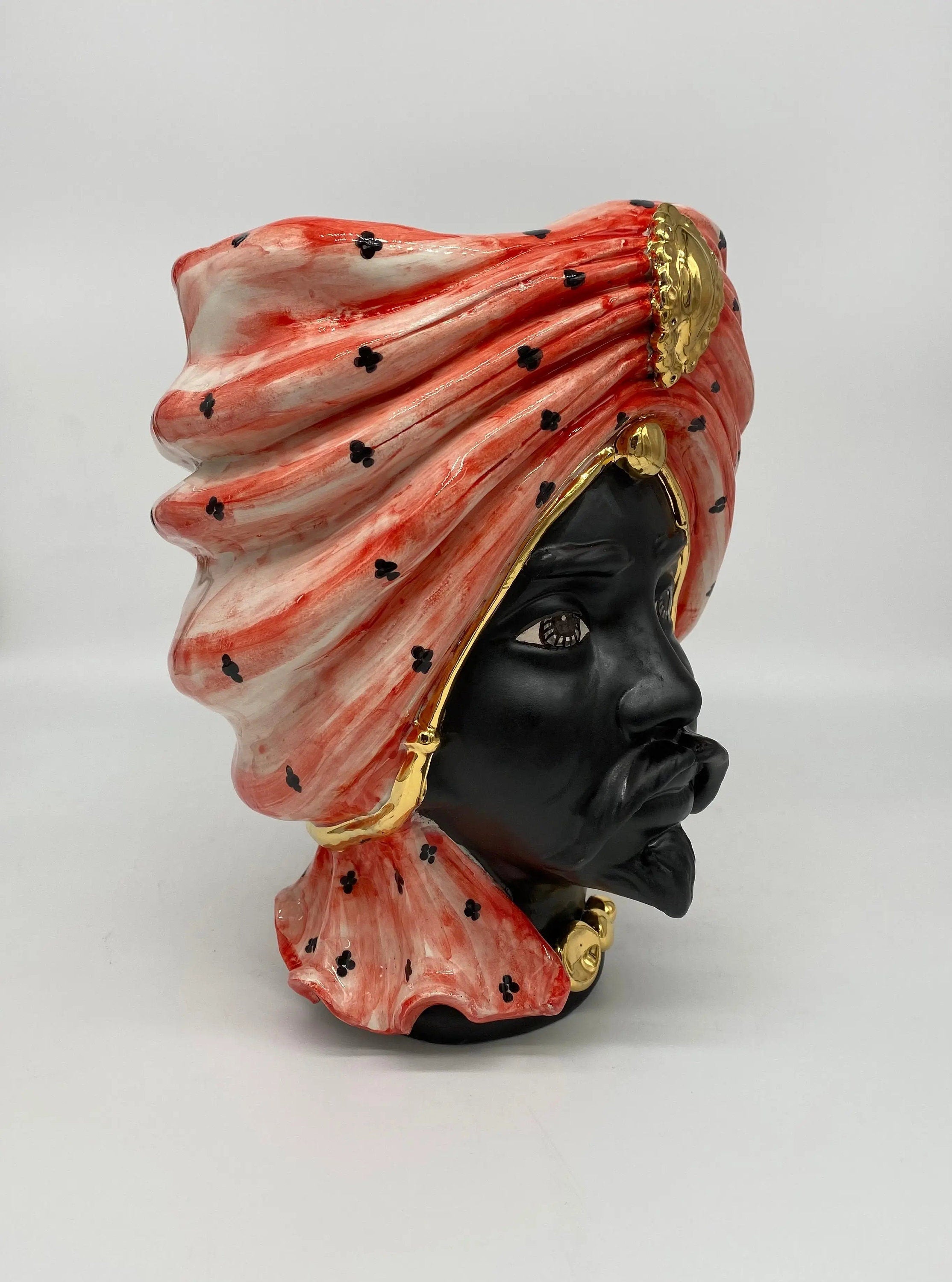 Teste di Moro Atena Ceramica Caltagirone cm H.24 L.18 Artigianale Rosso Pois Nero Oro DD CERAMICHE SICILIANE