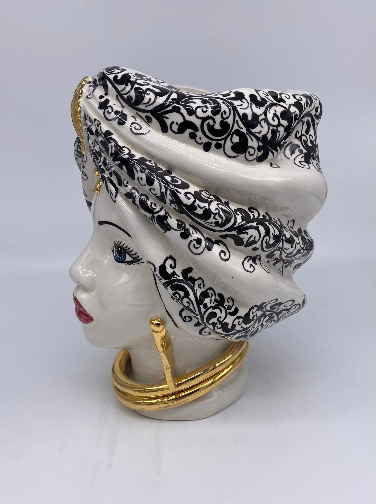 Teste di Moro Atena Ceramica Caltagirone cm H.24 L.18 Artigianale Opaco Bianco Barocco Oro DD CERAMICHE SICILIANE