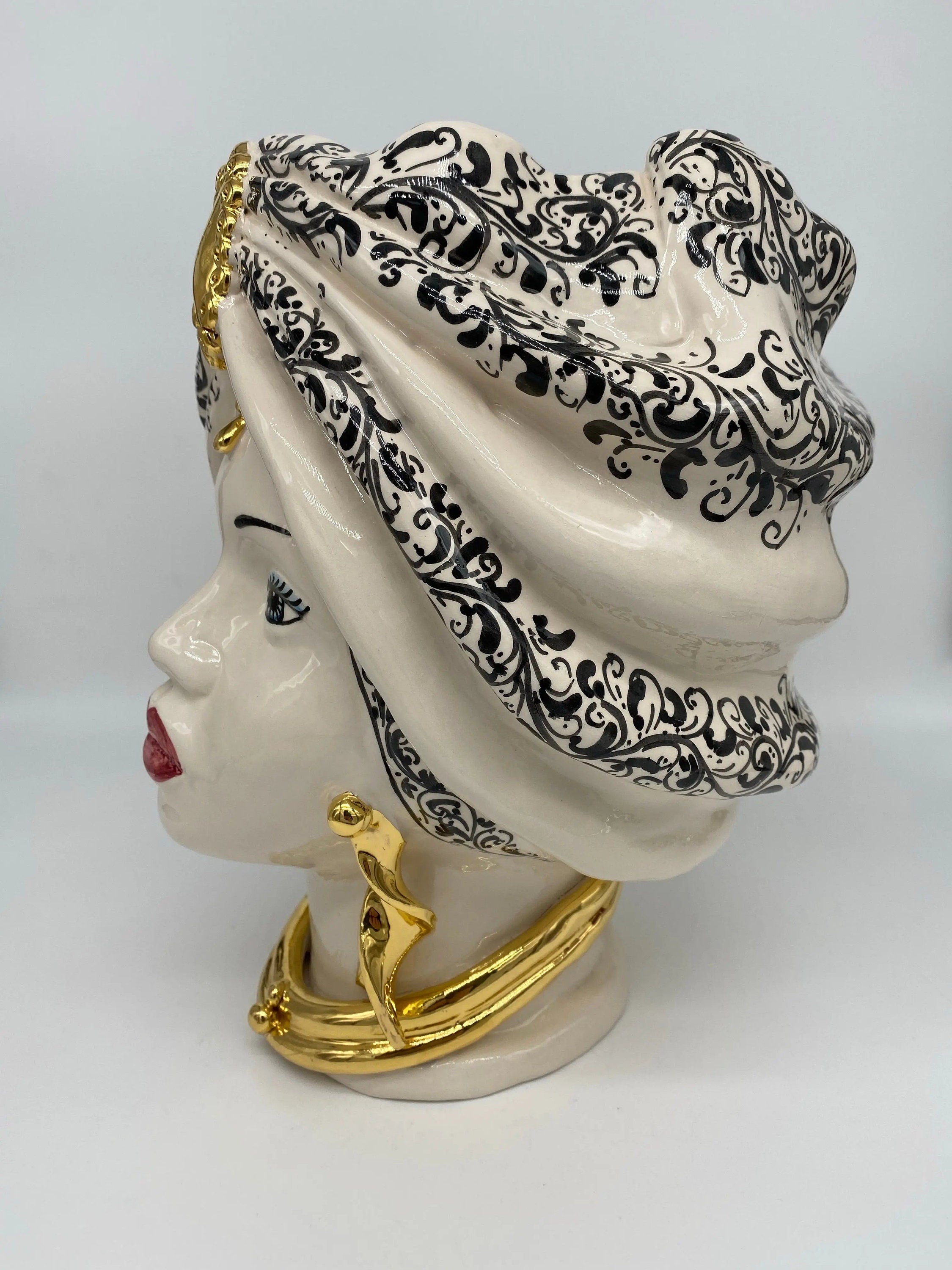 Teste di Moro Atena Ceramica Caltagirone cm H.30 L.23 Artigianale Bianco Decoro Barocco Oro DD CERAMICHE SICILIANE