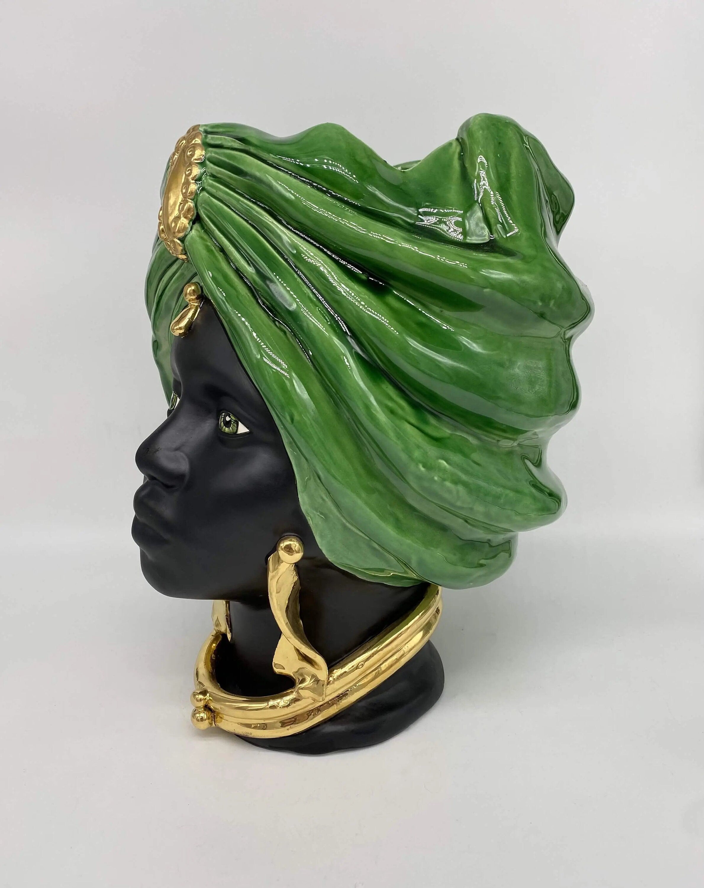 Teste di Moro Atena Ceramica Caltagirone cm H.30 L.23 Artigianale Verde Cristallo Nero Oro DD CERAMICHE SICILIANE
