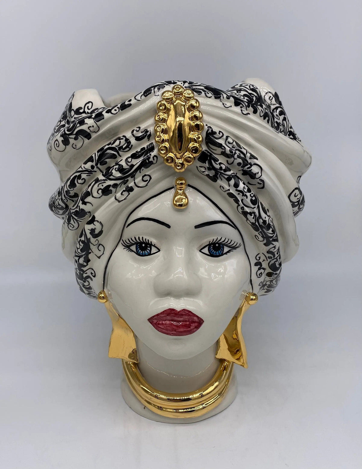 Teste di Moro Atena Ceramica Caltagirone cm H.30 L.23 Artigianale Opaco Bianco Barocco Oro DD CERAMICHE SICILIANE