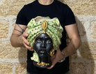 Teste di Moro Atena Ceramica Caltagirone cm H.30 L.23 Artigianale Verde Pois Nero Oro DD CERAMICHE SICILIANE