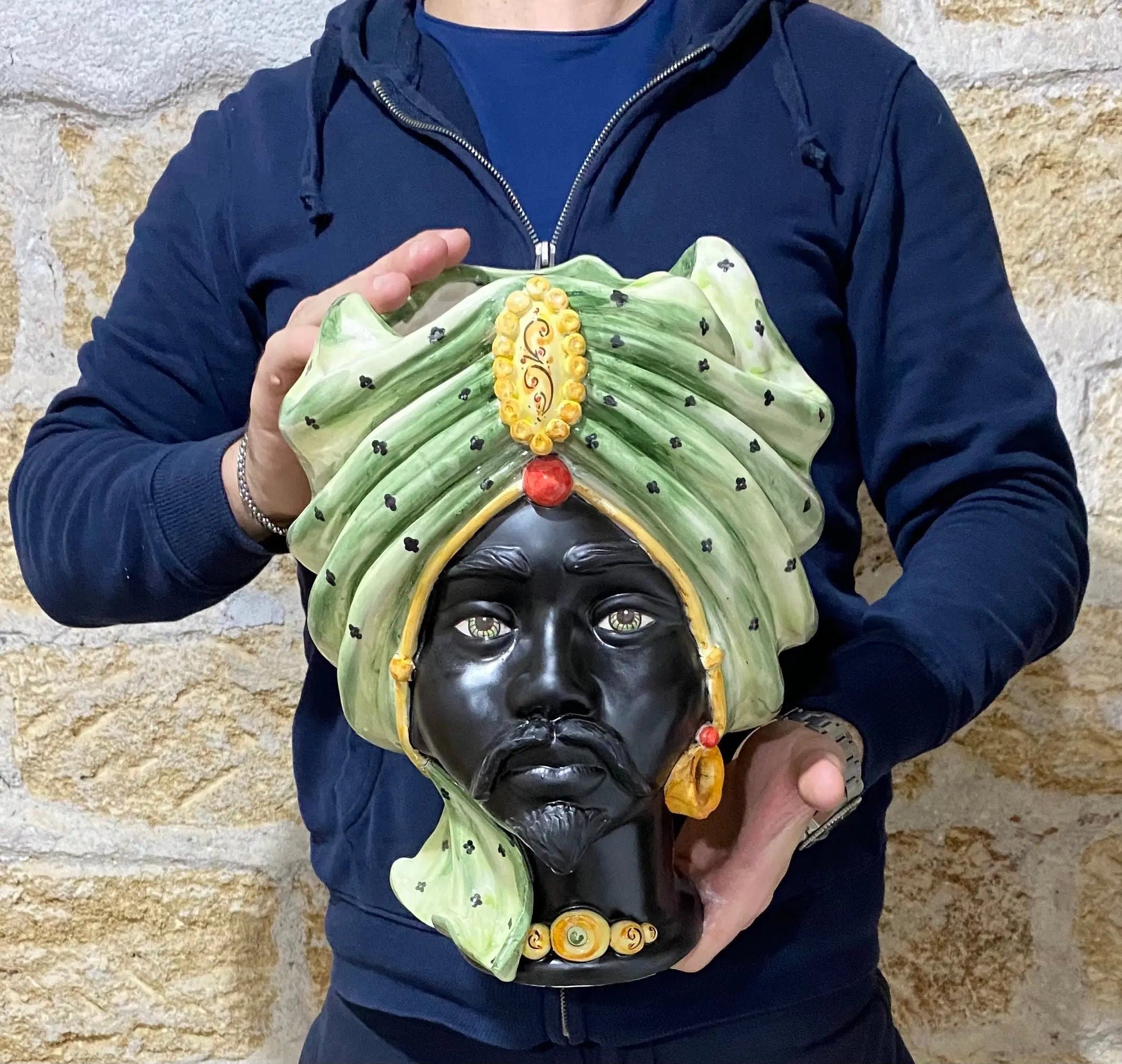 Teste di Moro Atena Ceramica Caltagirone cm H.30 L.23 Artigianale Verde Pois Nero Giallo DD CERAMICHE SICILIANE
